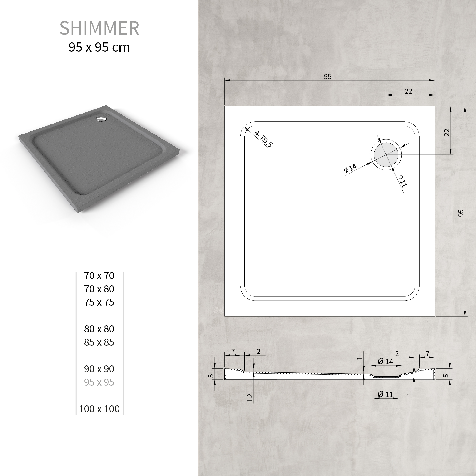 Duschwanne Shimmer STONE aus Sanitäracryl inkl. Ablaufgarnitur - Grau 95x95 cm Duschwanne Shimmer STONE aus Sanitäracryl inkl. Ablaufgarnitur - Grau 95x95 cm