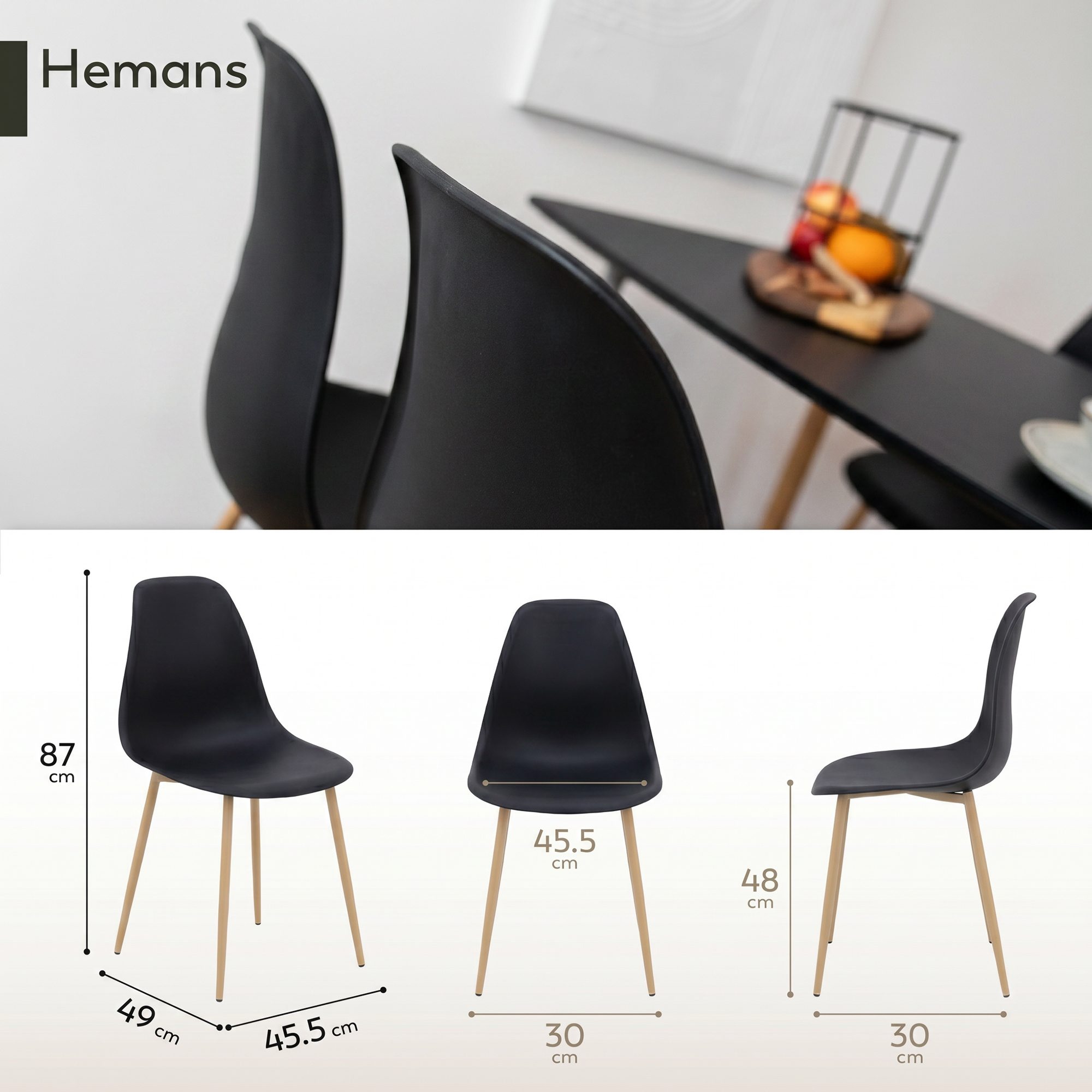 Esszimmerstuhl Hemans Schwarz (4er-Set): Hochlehner mit eleganter Holzoptik und robusten Metallbeinen