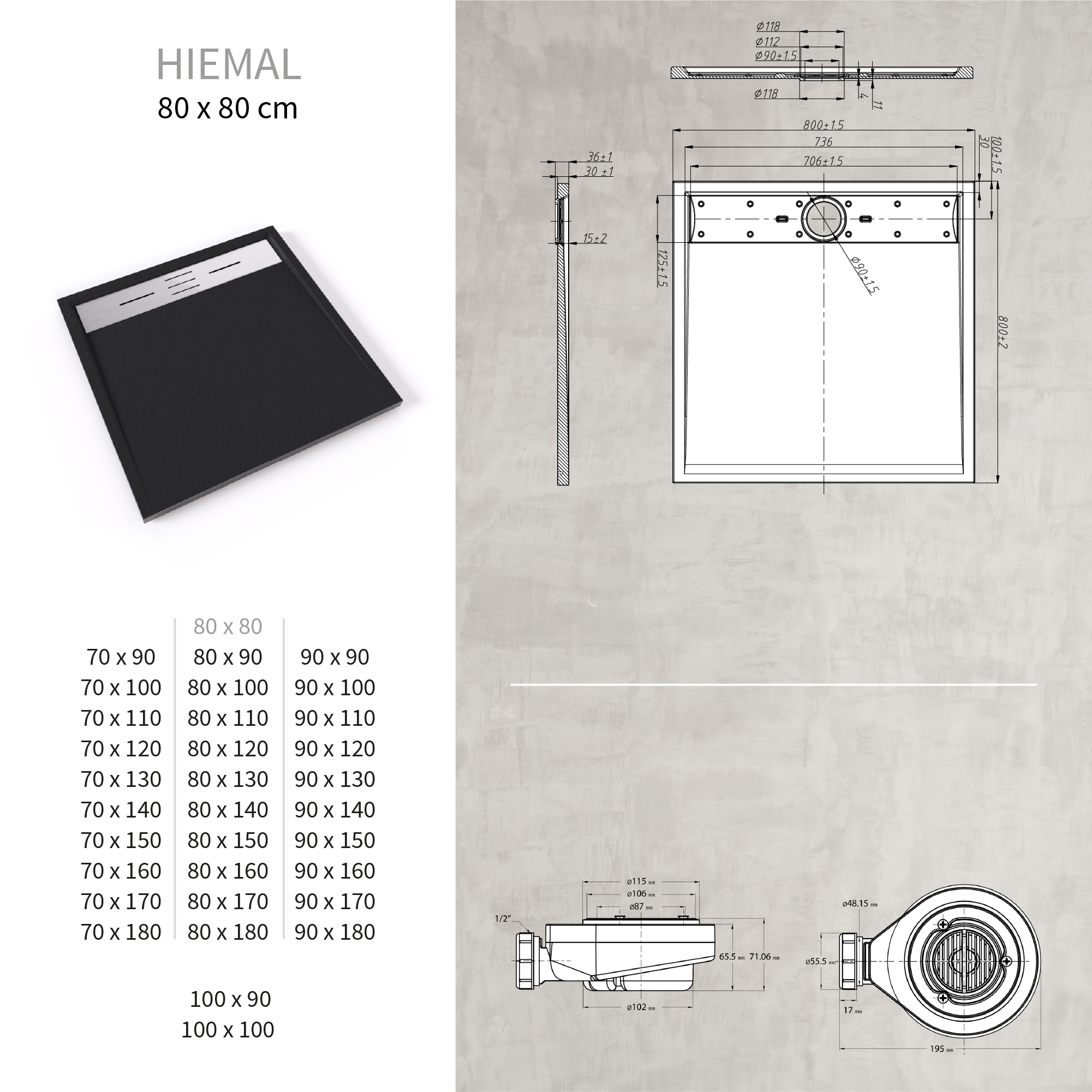 SMC Duschwanne Hiemal in Schieferoptik inkl. Ablaufgarnitur Schwarz mit Edelstahldeckel 80x80 cm SMC Duschwanne Hiemal in Schieferoptik inkl. Ablaufgarnitur Schwarz mit Edelstahldeckel 80x80 cm