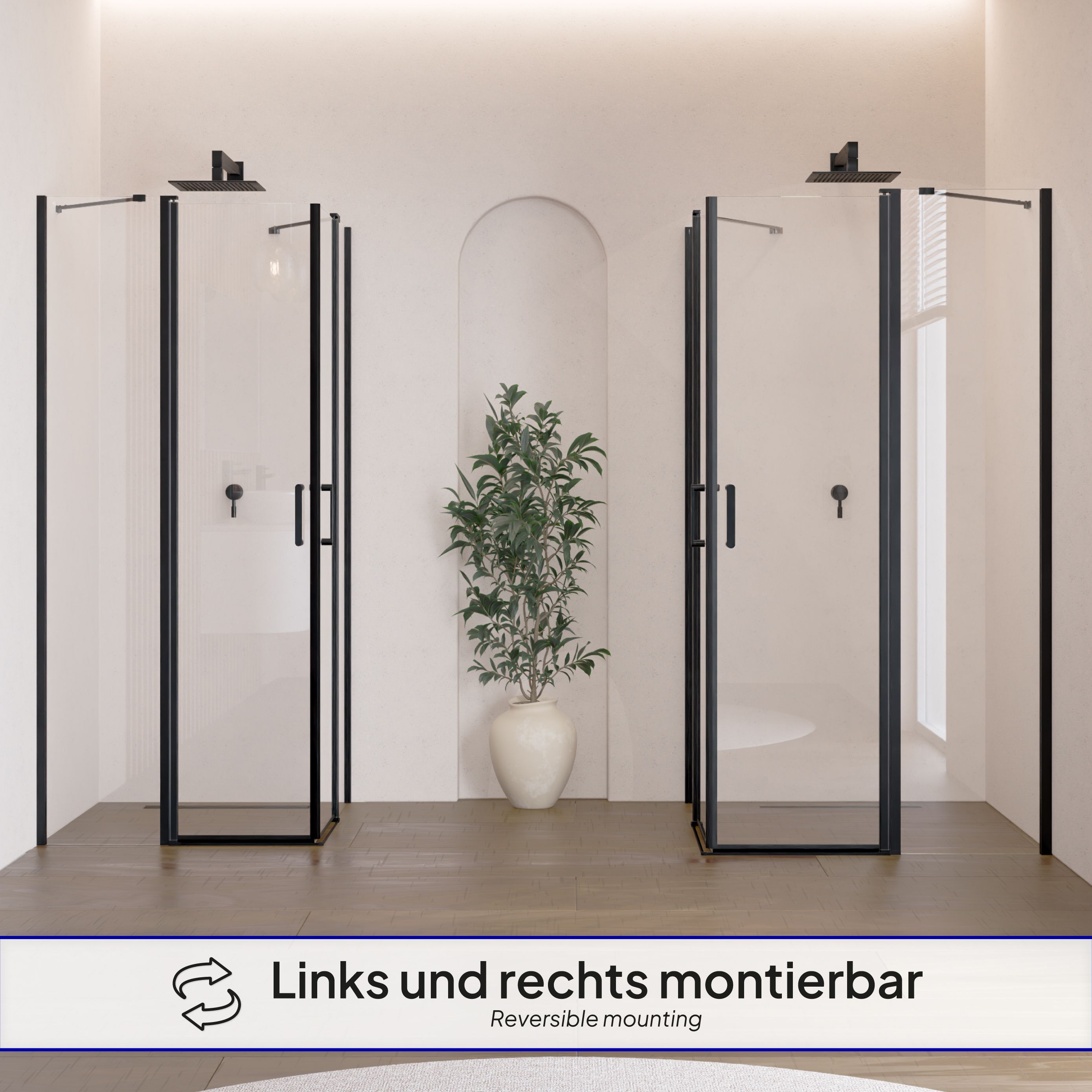 Corner Entry Linda with Folding Doors and Black Profiles Made of ESG Safety Glass Corner Entry Linda with Folding Doors and Black Profiles Made of ESG Safety Glass