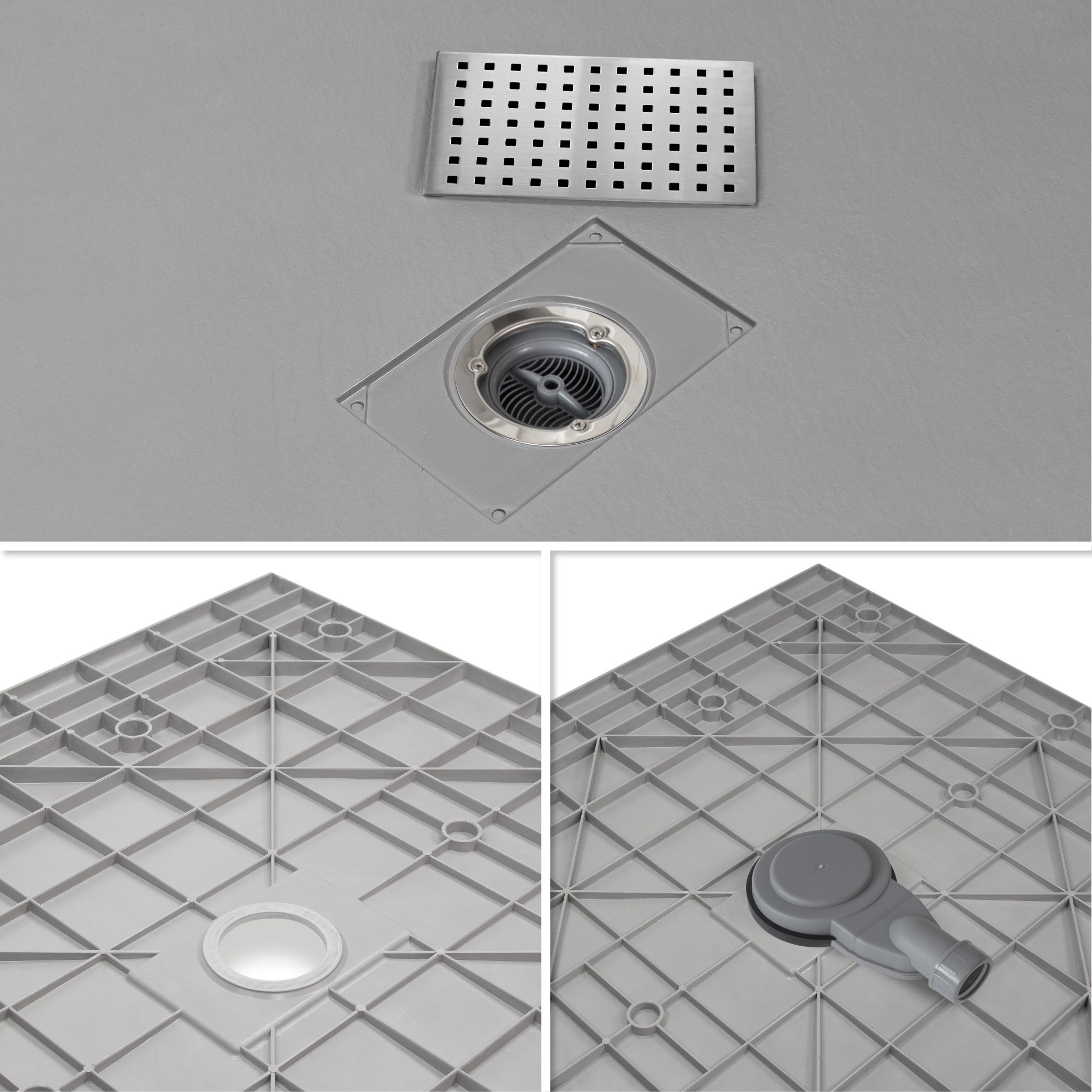Tray – SMC Shower Boreal in Stone Look with Drain Assembly - Grey
