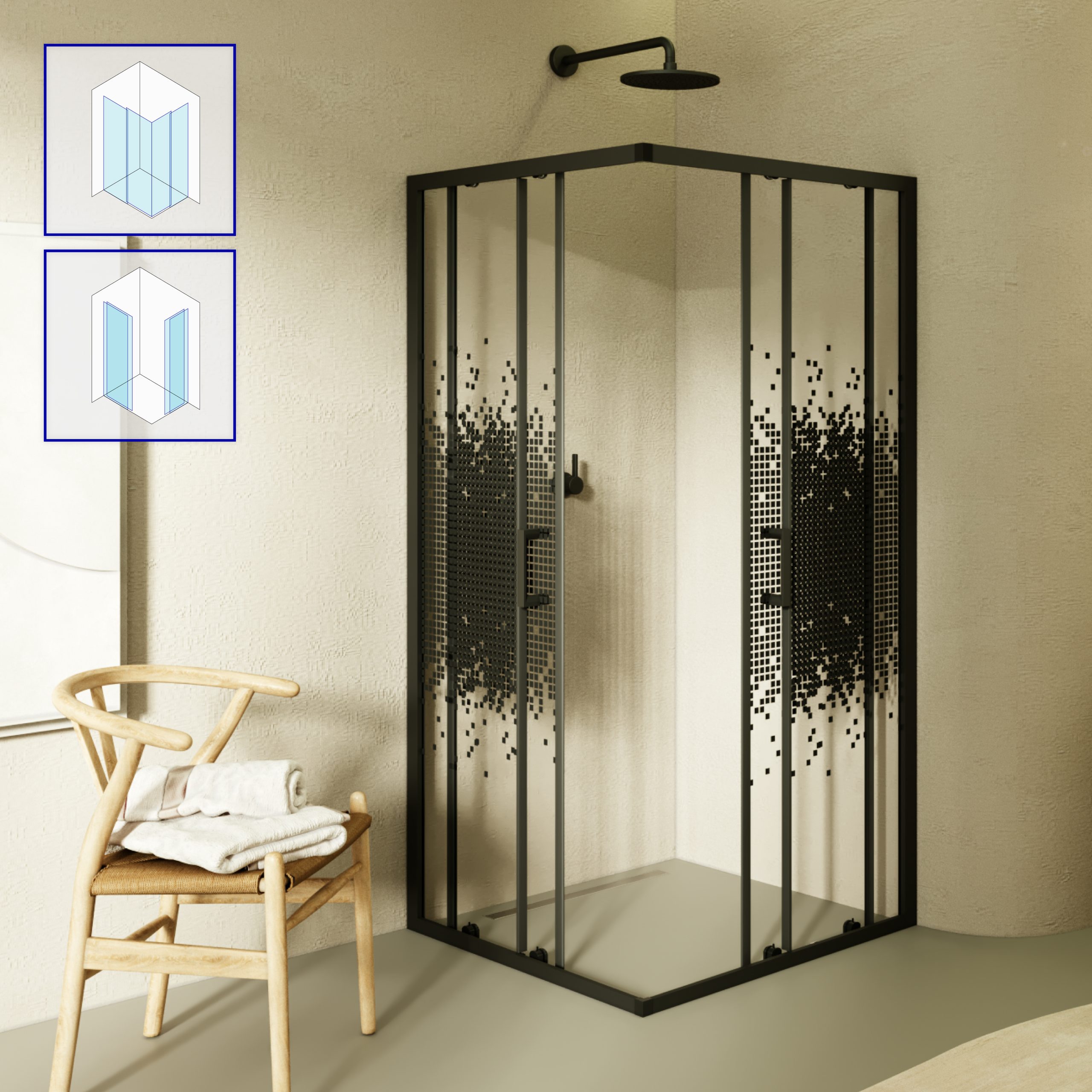 Corner entry Danielle with sliding doors made of black checkered ESG safety glass.