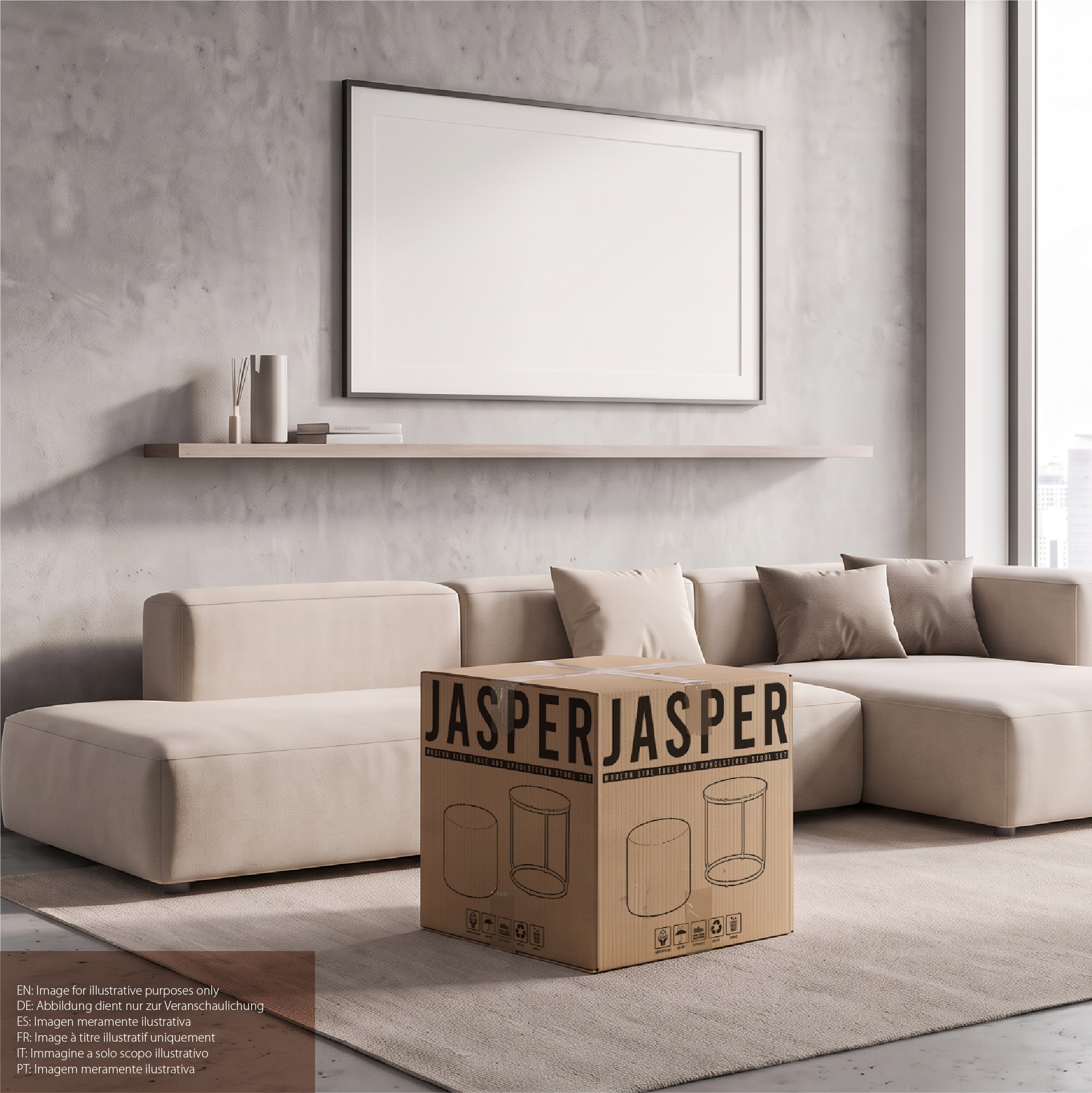 Side Table with Stool JASPER - Round Coffee Table 40x40 cm Black-Beige N1