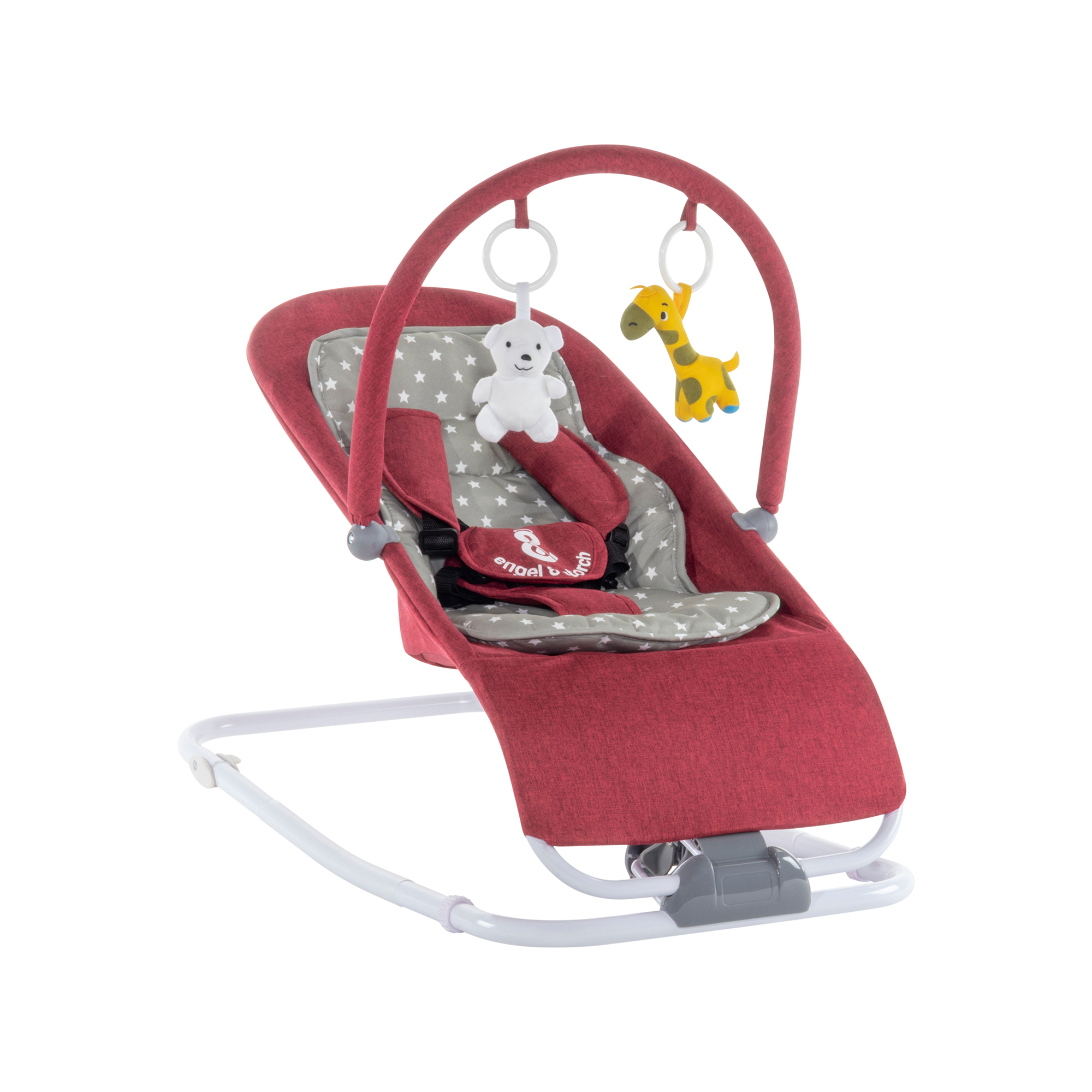 Babywippe VIENO mit abnehmbarem Bezug und Spielebogen Rot + Grau weiße Sterne
