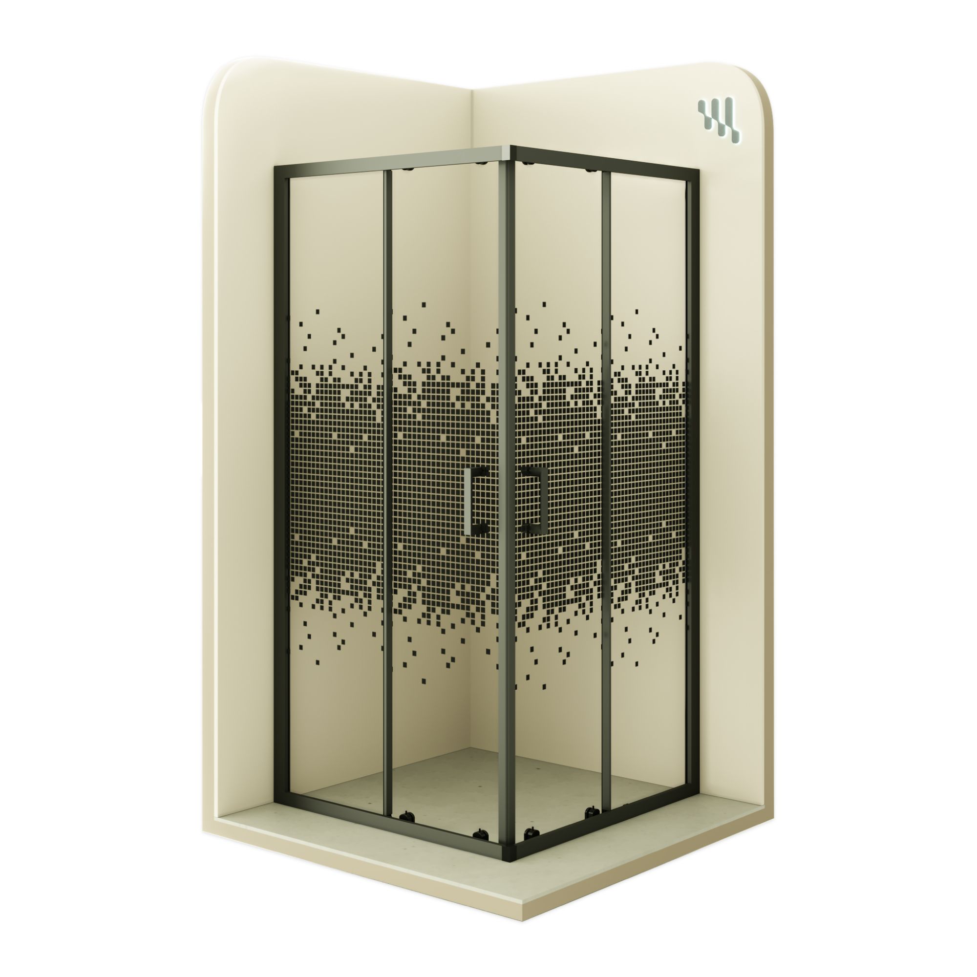 Eckeinstieg Danielle mit Schiebetüren aus schwarz kariertem ESG Sicherheitsglas Danielle – Corner entry with sliding doors made of black checkered ESG safety glass.