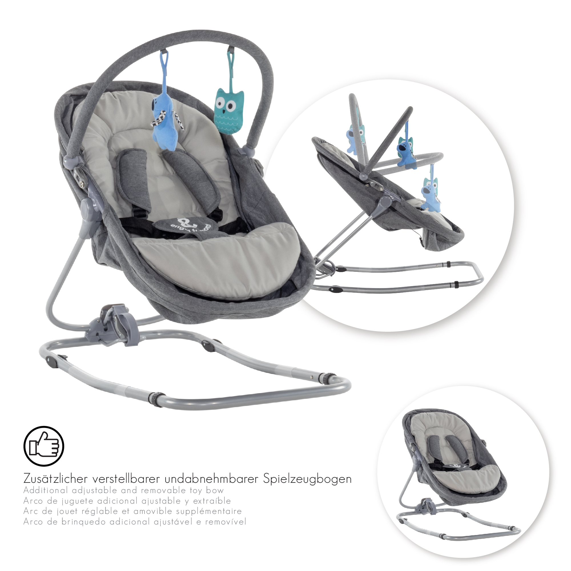 Babywippe PAVO mit Wiegenfunktion und Spielebogen Grau + Grau