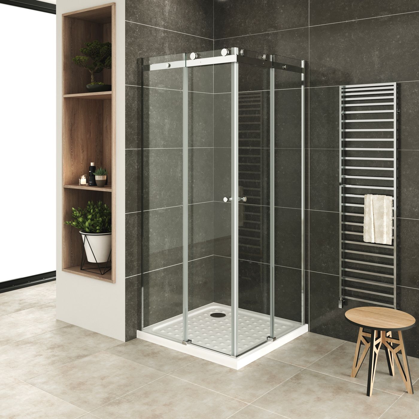 Eckeinstieg Anna mit Schiebetüren aus 8 mm ESG Sicherheitsglas Eckeinstieg Anna mit Schiebetüren aus 8 mm ESG Sicherheitsglas