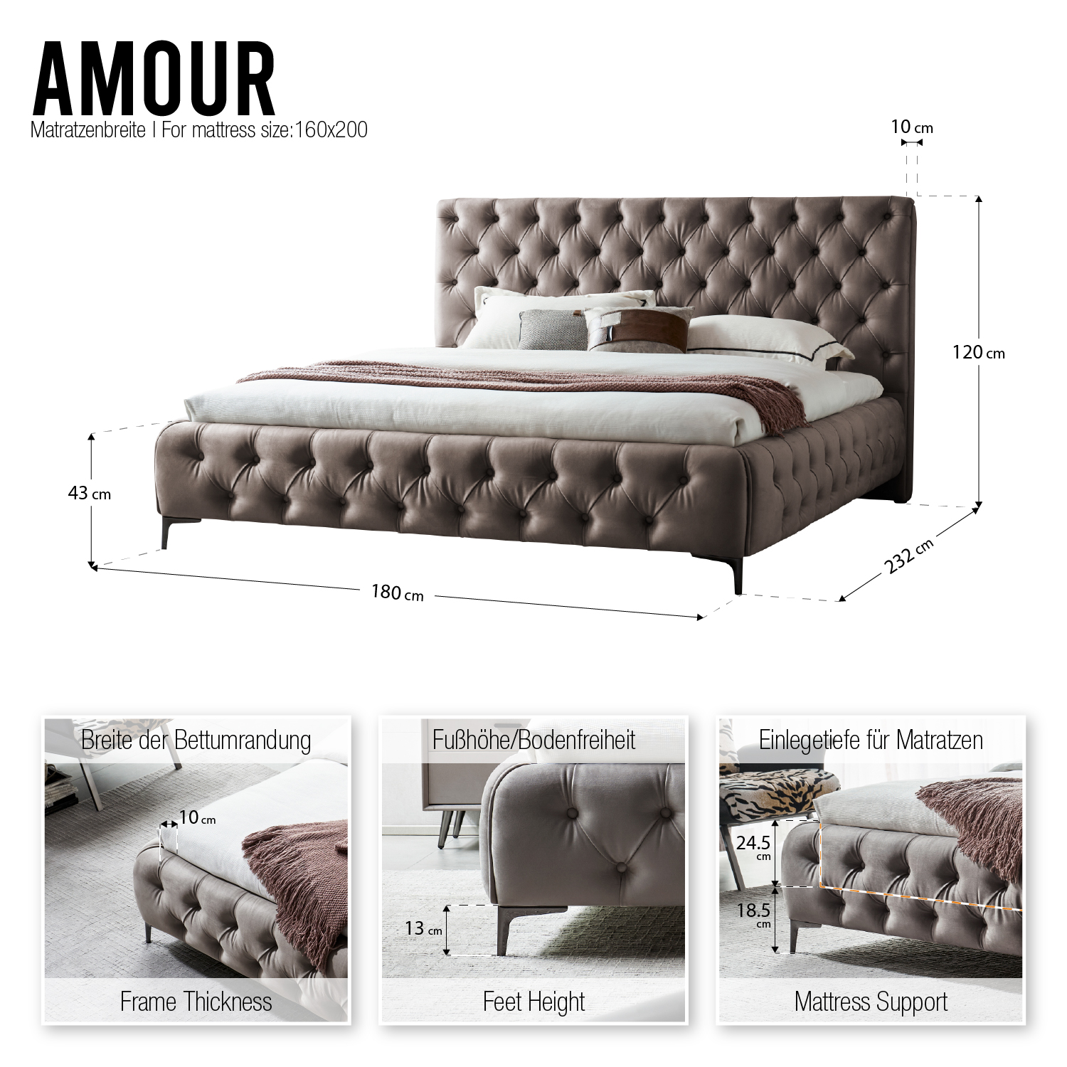 Design Polsterbett Amour in Grau-Beige mit Knöpfen