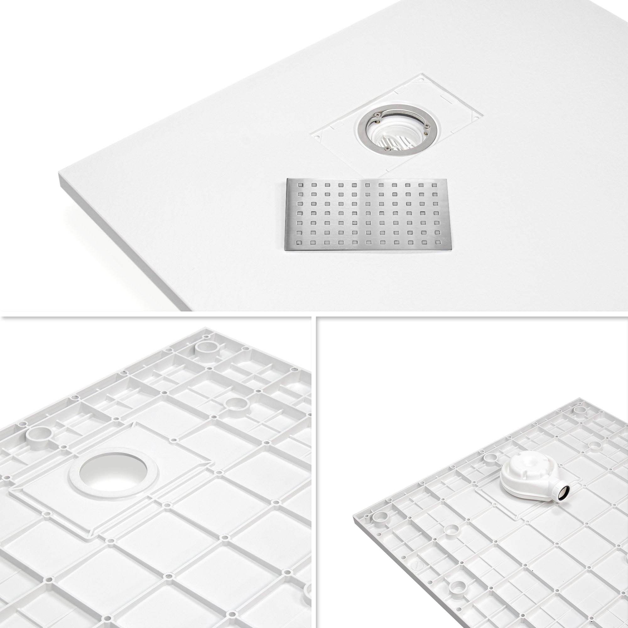 03-Details Top White.jpg SMC Shower Tray Boreal in Stone Look with Drain Assembly - Grey