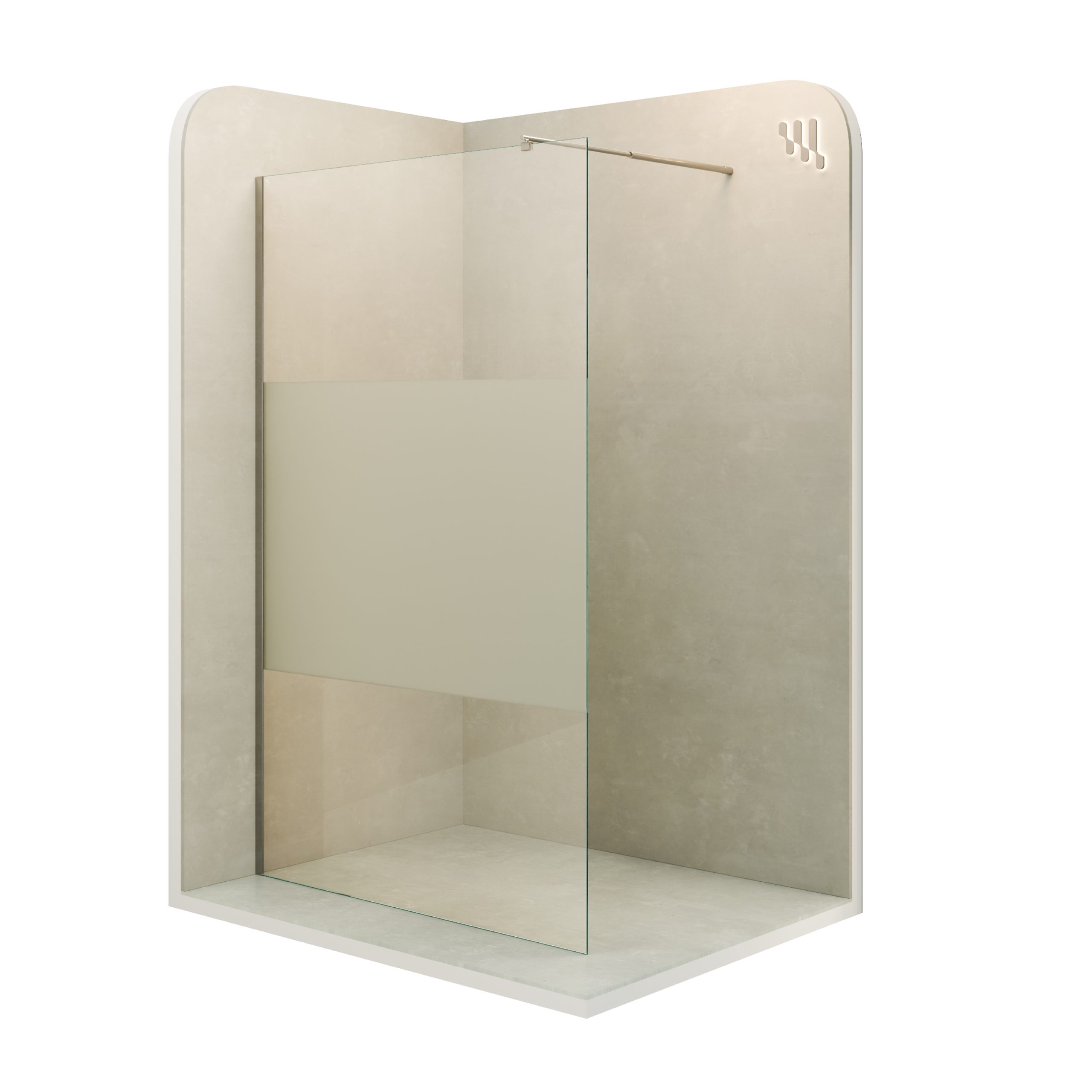 Walk-In Shower Fiona made of 10 mm thick partially frosted ESG safety glass and stainless steel profile. Fiona – Walk-In Shower made of 10 mm thick partially frosted ESG safety glass and stainless steel profile.