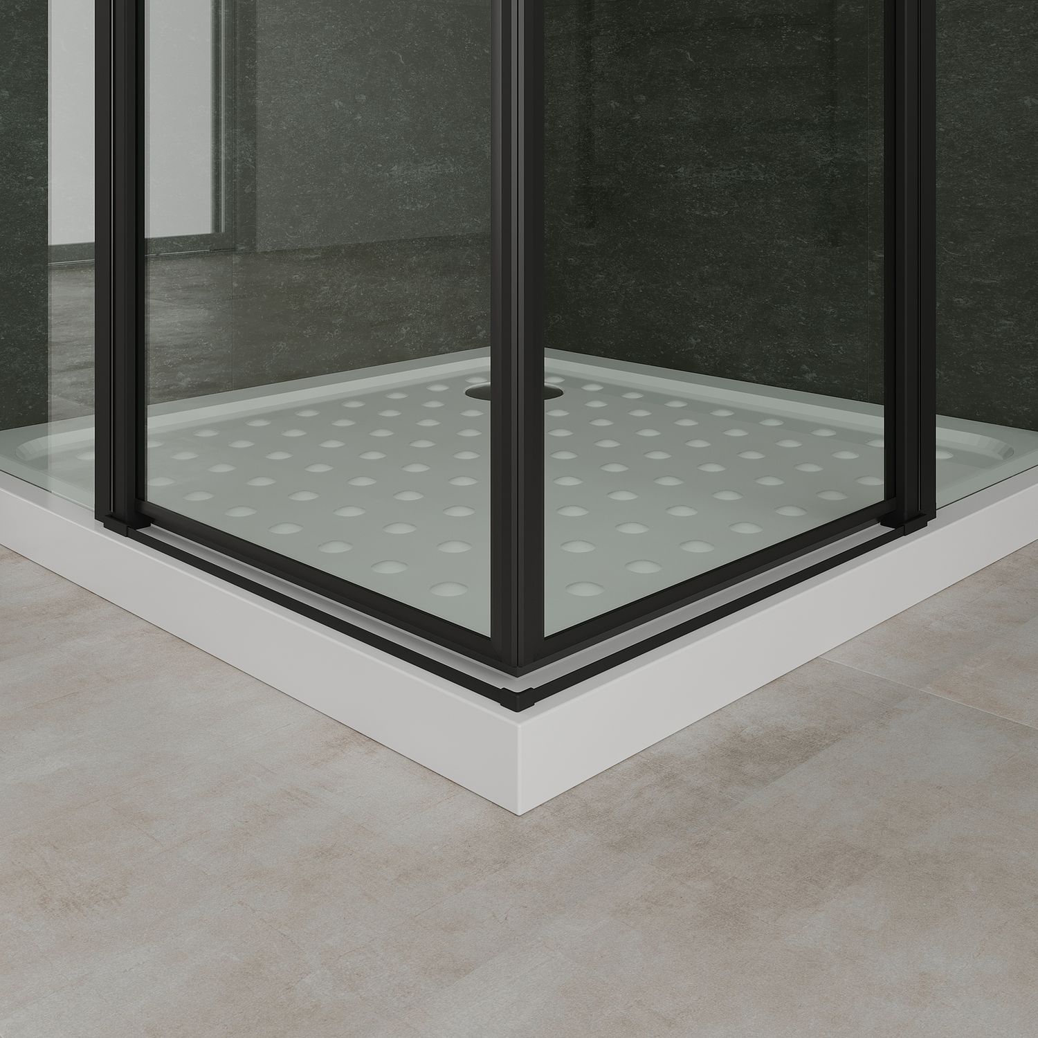 Eckeinstieg Linda mit Klapptüren und schwarzen Profilen aus ESG Sicherheitsglas Eckeinstieg Linda mit Klapptüren und schwarzen Profilen aus ESG Sicherheitsglas