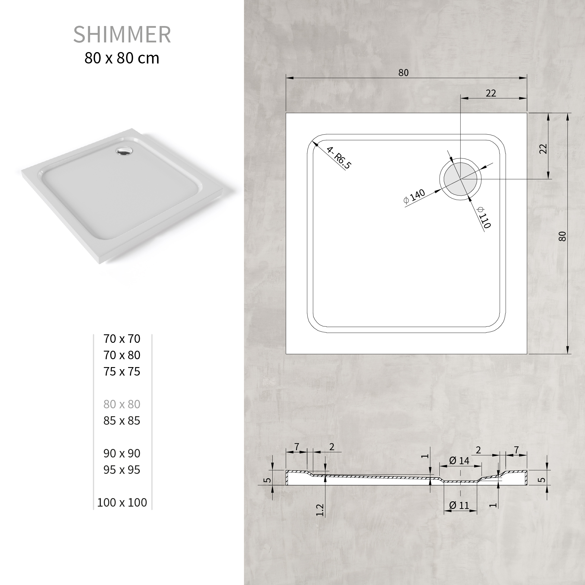 Tray – Shower Shimmer made of sanitary acrylic including waste fitting - White