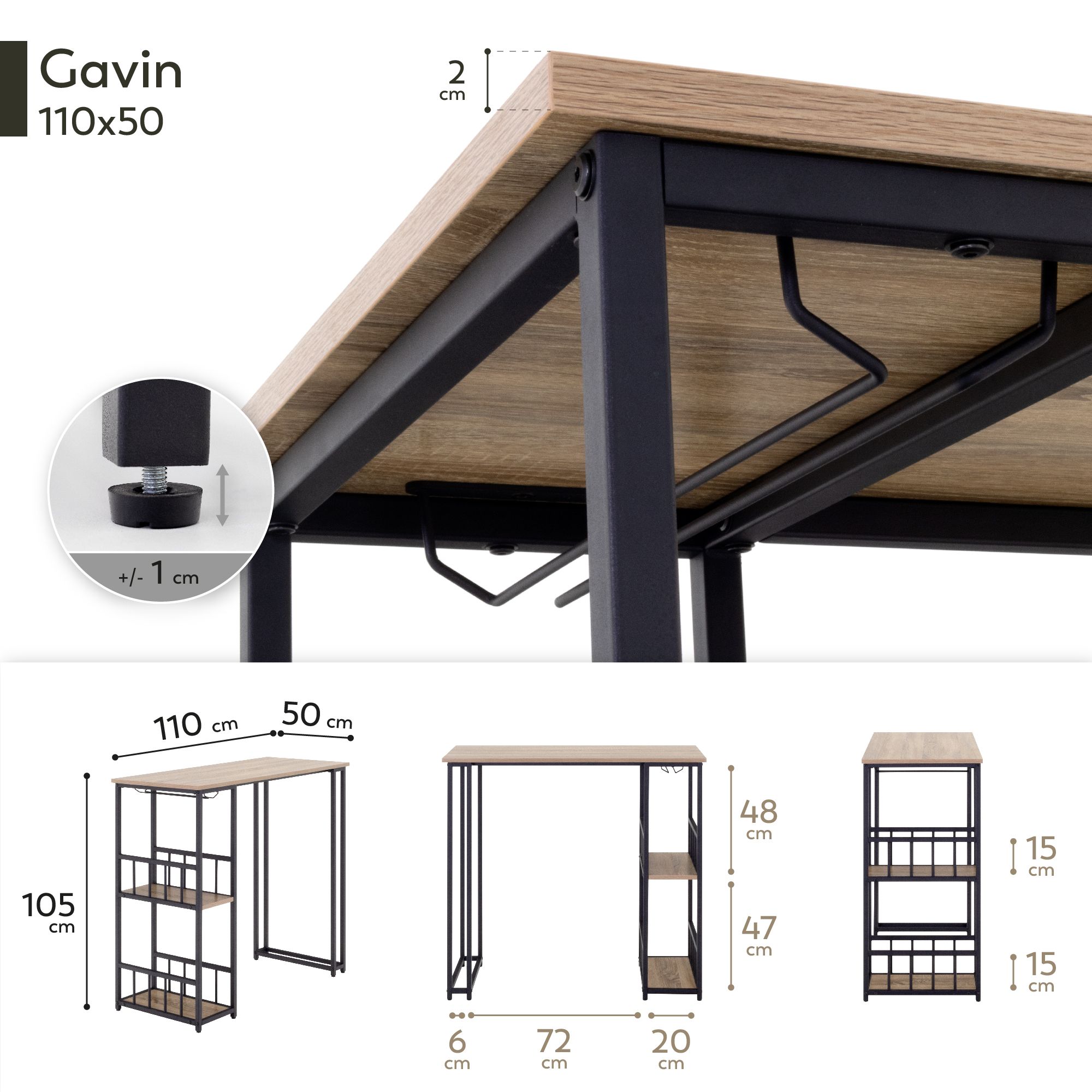 i-flair Stehtisch Bartisch Gavin – Stehtisch mit Stahlrahmen und 2 Ablageflächen & Glashalter Eiche Bar – i-flair Standing Table Table Gavin – Standing Table with Steel Frame and 2 Shelves & Glass Holder in Oak