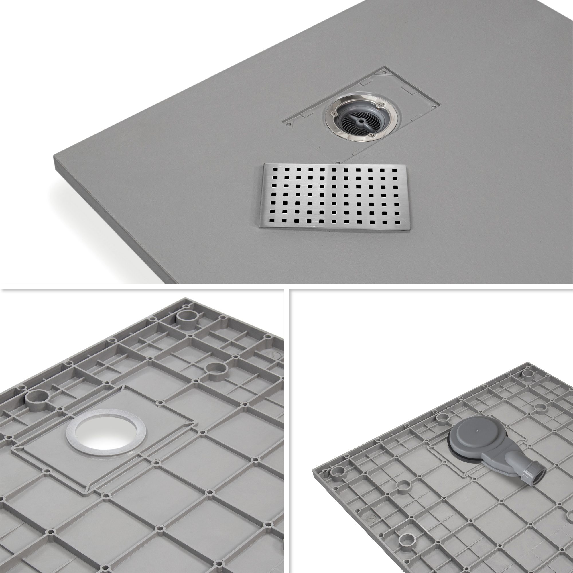 Boreal – SMC Duschwanne INOX in Stein-Optik inkl. Ablaufgarnitur und Edelstahldeckel - Grau