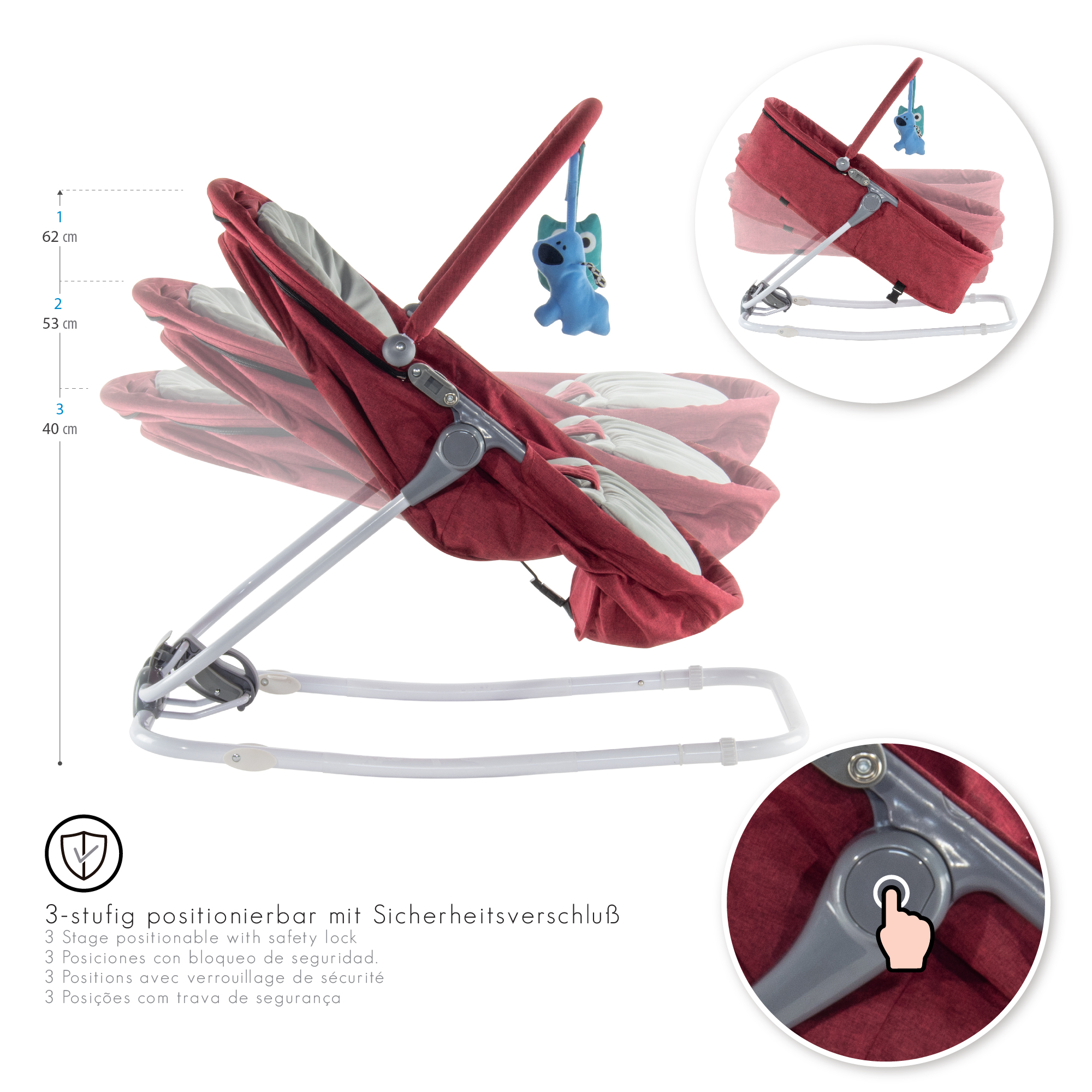 Babywippe PAVO mit Wiegenfunktion und Spielebogen Rot + Grau