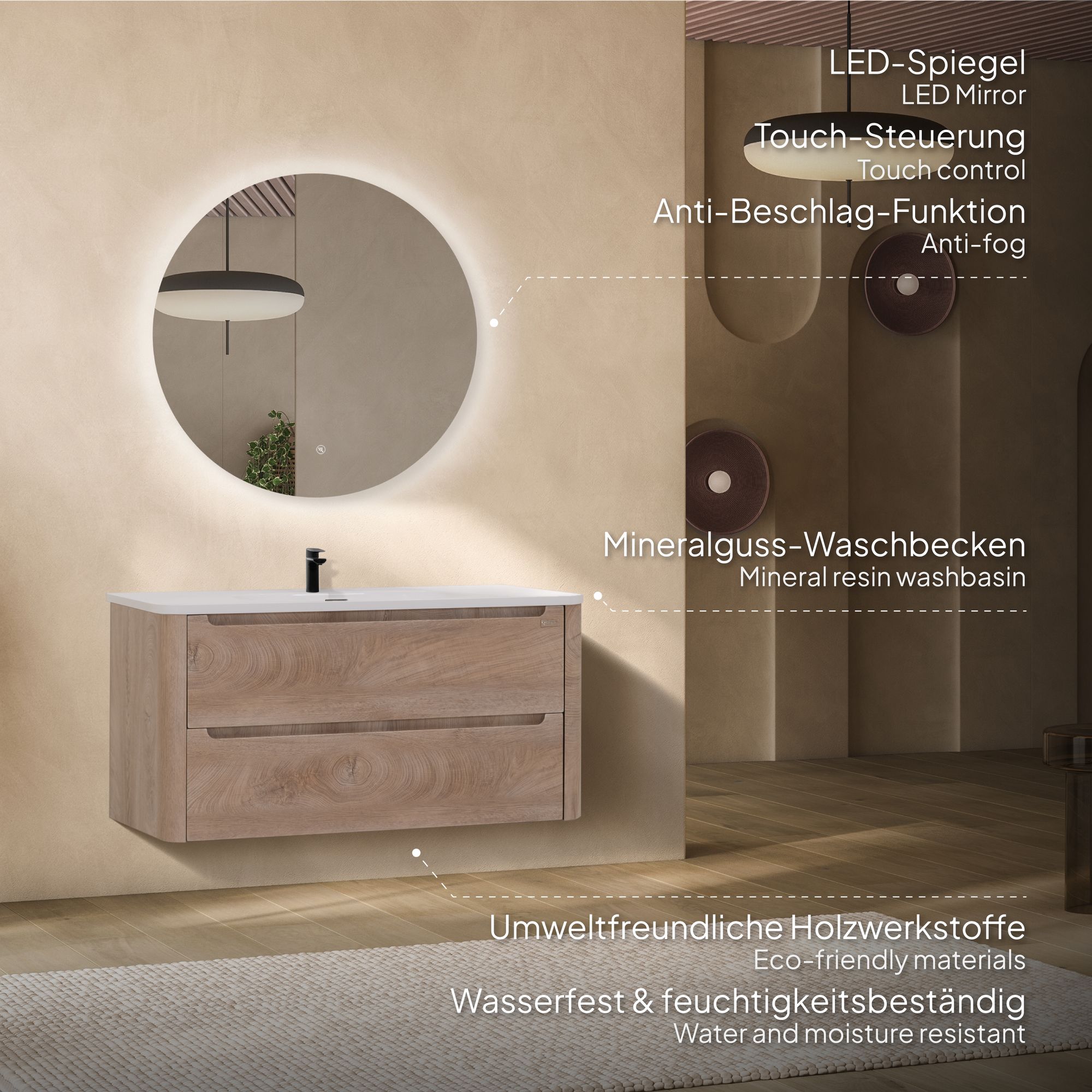 Badezimmermöbel Vesta – 100 cm Eiche hell, integriertes Waschbecken + LED-Spiegel