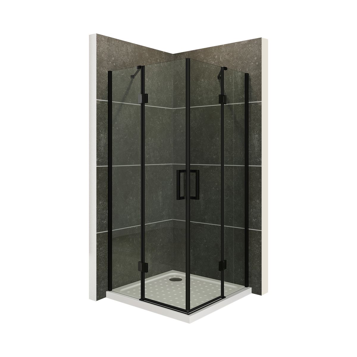 Eckeinstieg Celine mit Klapptüren und schwarzen Profilen aus ESG Sicherheitsglas