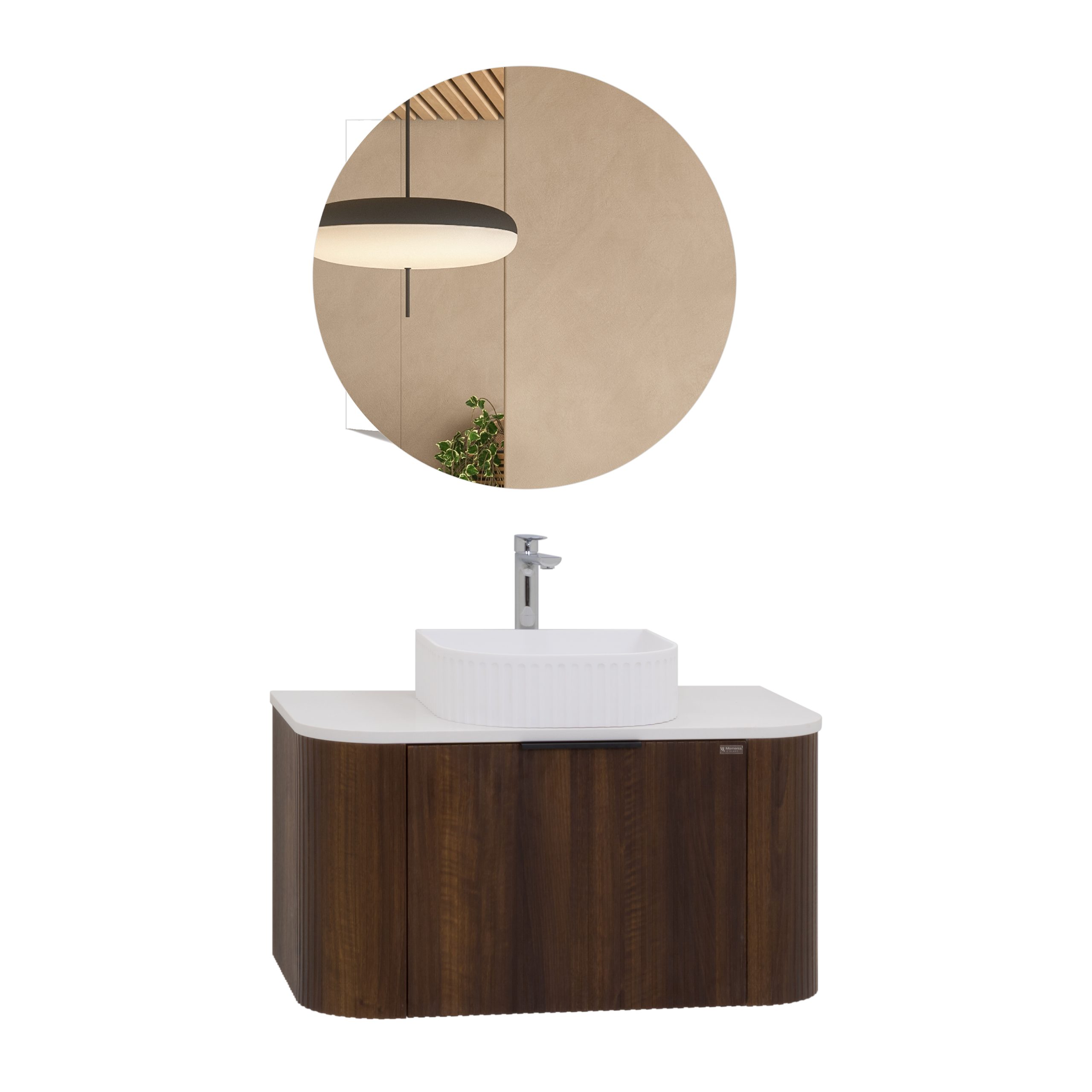 Badmöbel-Set Maia Nußbaum, wandhängend, mit Steinplatte und Waschtisch aus Mineralguss sowie LED-Spiegel mit Antibeschlagfunktion, gerillte Textur Badmöbel-Set Maia Nußbaum, wandhängend, mit Steinplatte und Waschtisch aus Mineralguss sowie LED-Spiegel mit Antibeschlagfunktion, gerillte Textur