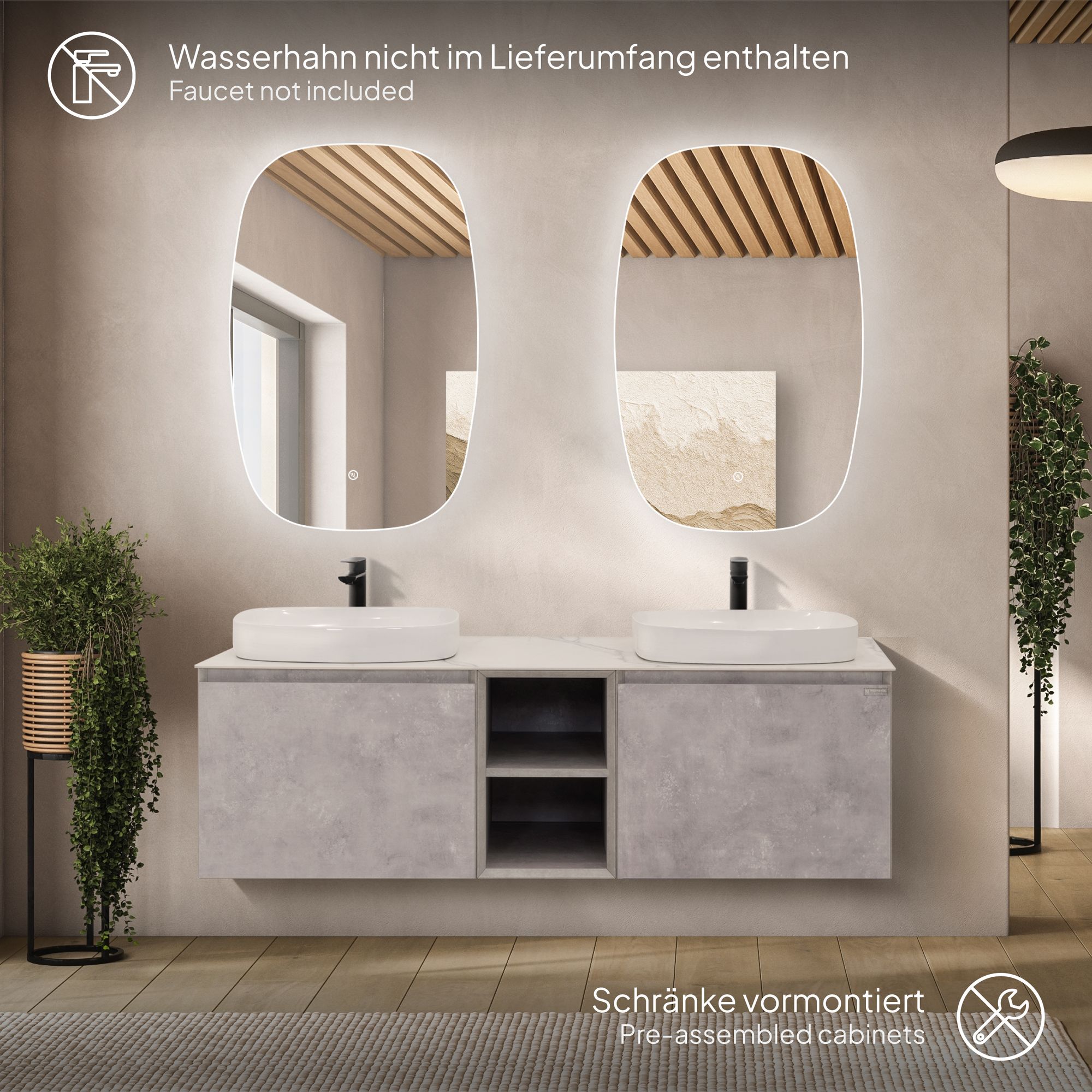 Badmöbelset Indra – Betonoptik, Calacatta-Porzellanplatte, Doppelwaschplätze & LED-Spiegel