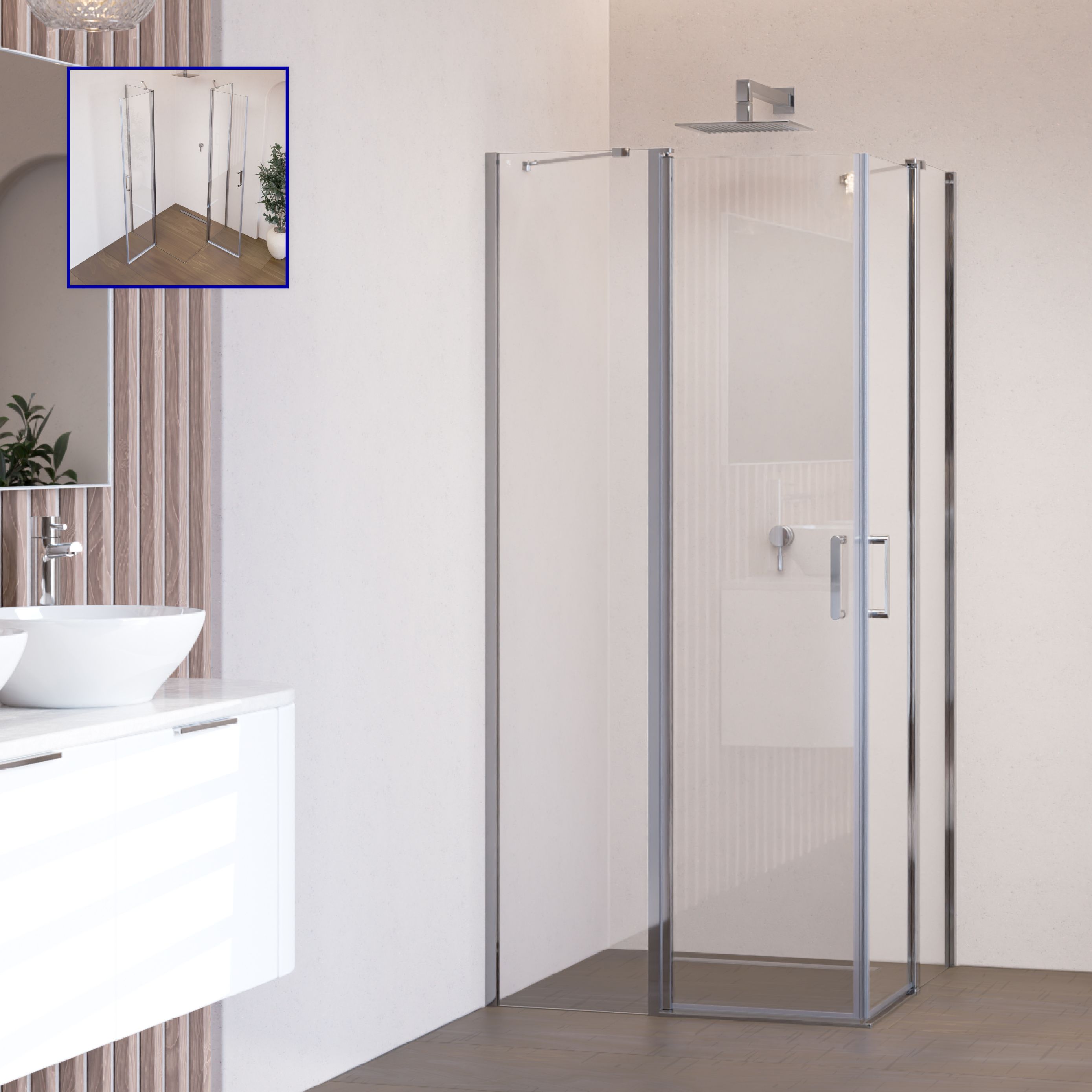 Corner Entry Linda with Folding Doors made of ESG Safety Glass Linda – Eckeinstieg mit Klapptüren aus ESG Sicherheitsglas