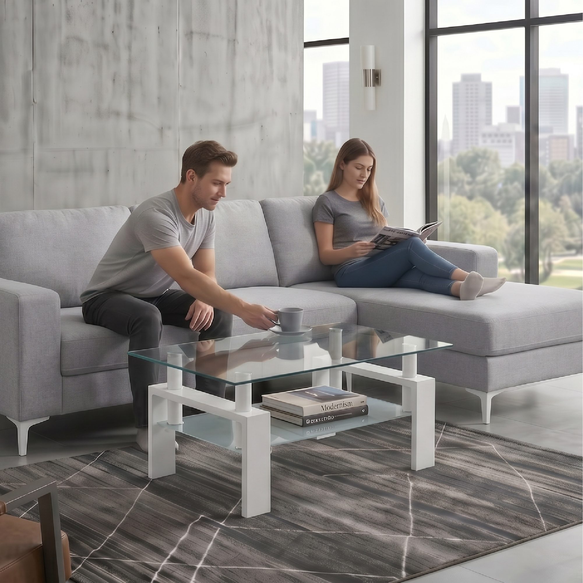 Coffee Table PORTER made of Glass/Metal with White Wood