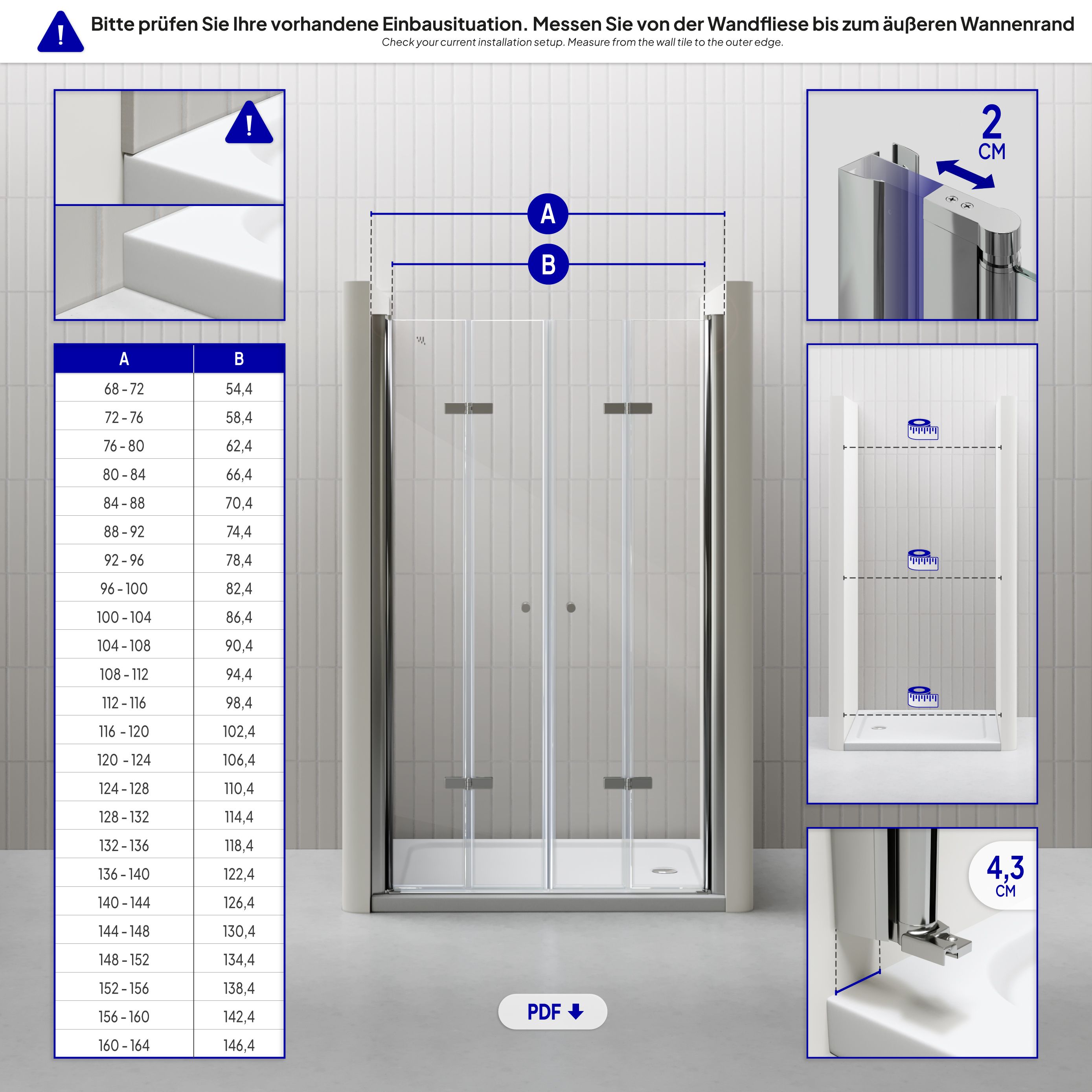 Shower Door Lena with Folding Doors Made of Clear Tempered Safety Glass Lena – Duschtür mit Falttüren aus klarem ESG Sicherheitsglas