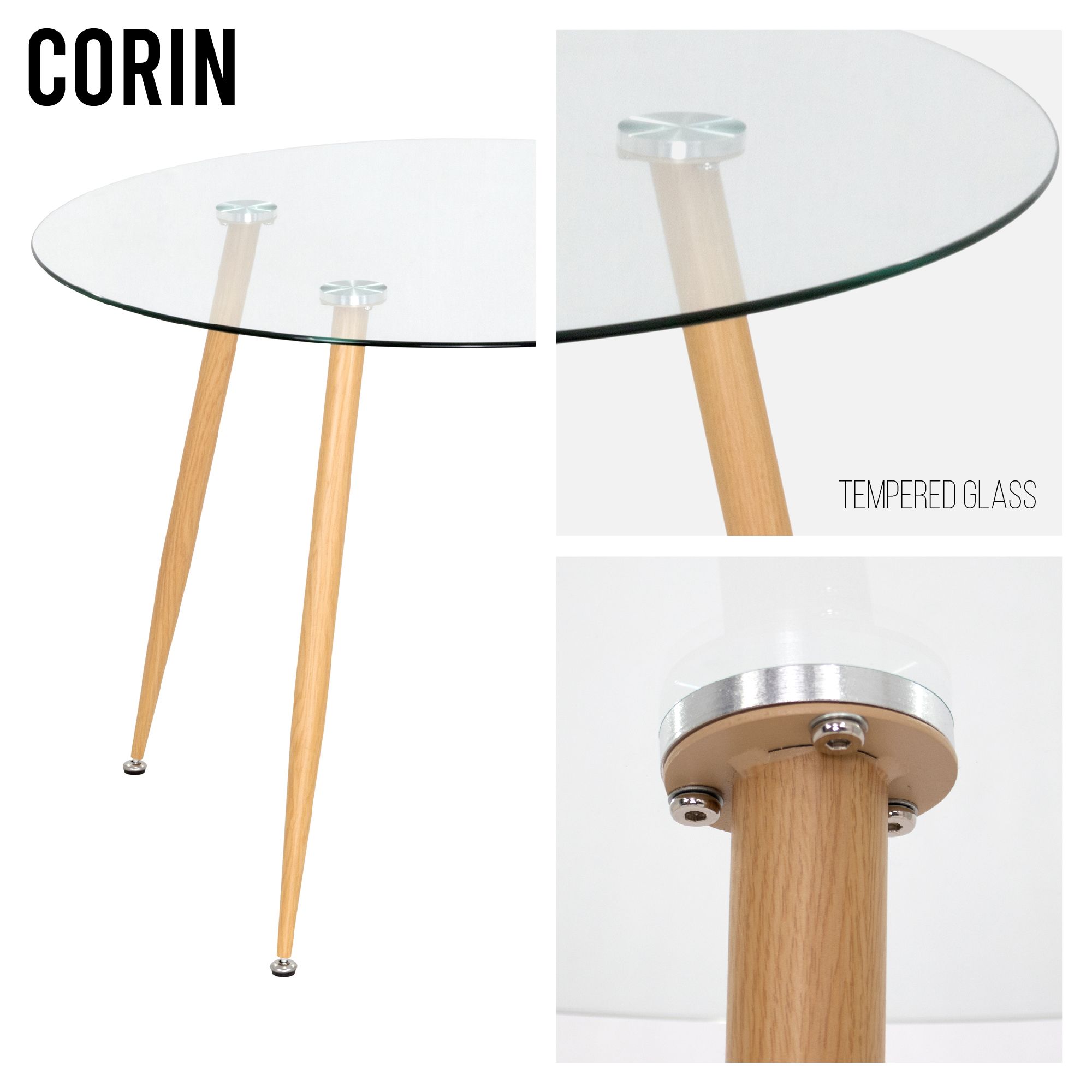 Esszimmer-Tisch CORIN | Tischplatte: Transparentes Glas | Beine: Holz 80 cm