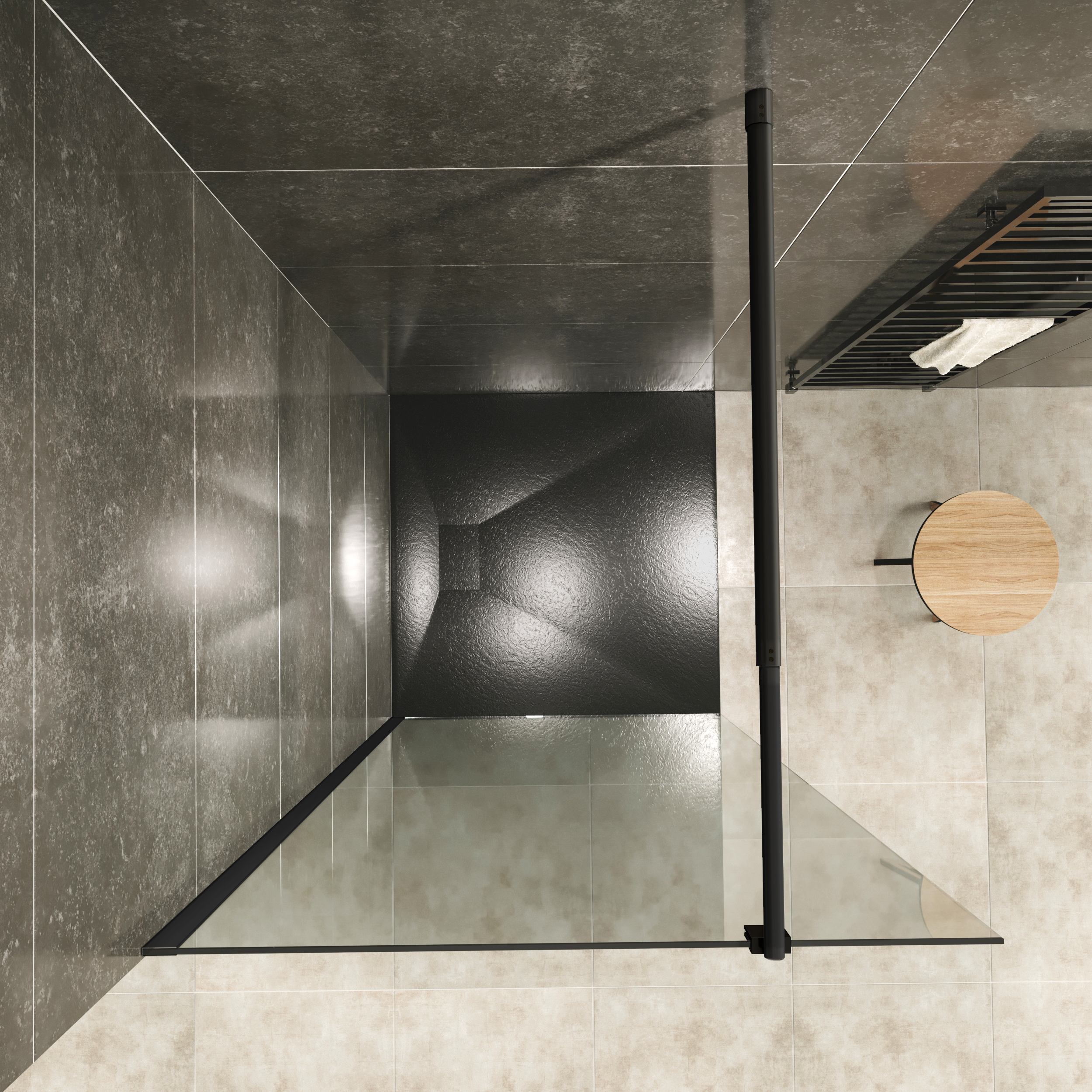 FionaBlackClear-2 Walk-In Shower Fiona made of 10 mm thick ESG safety glass and black aluminum profile.