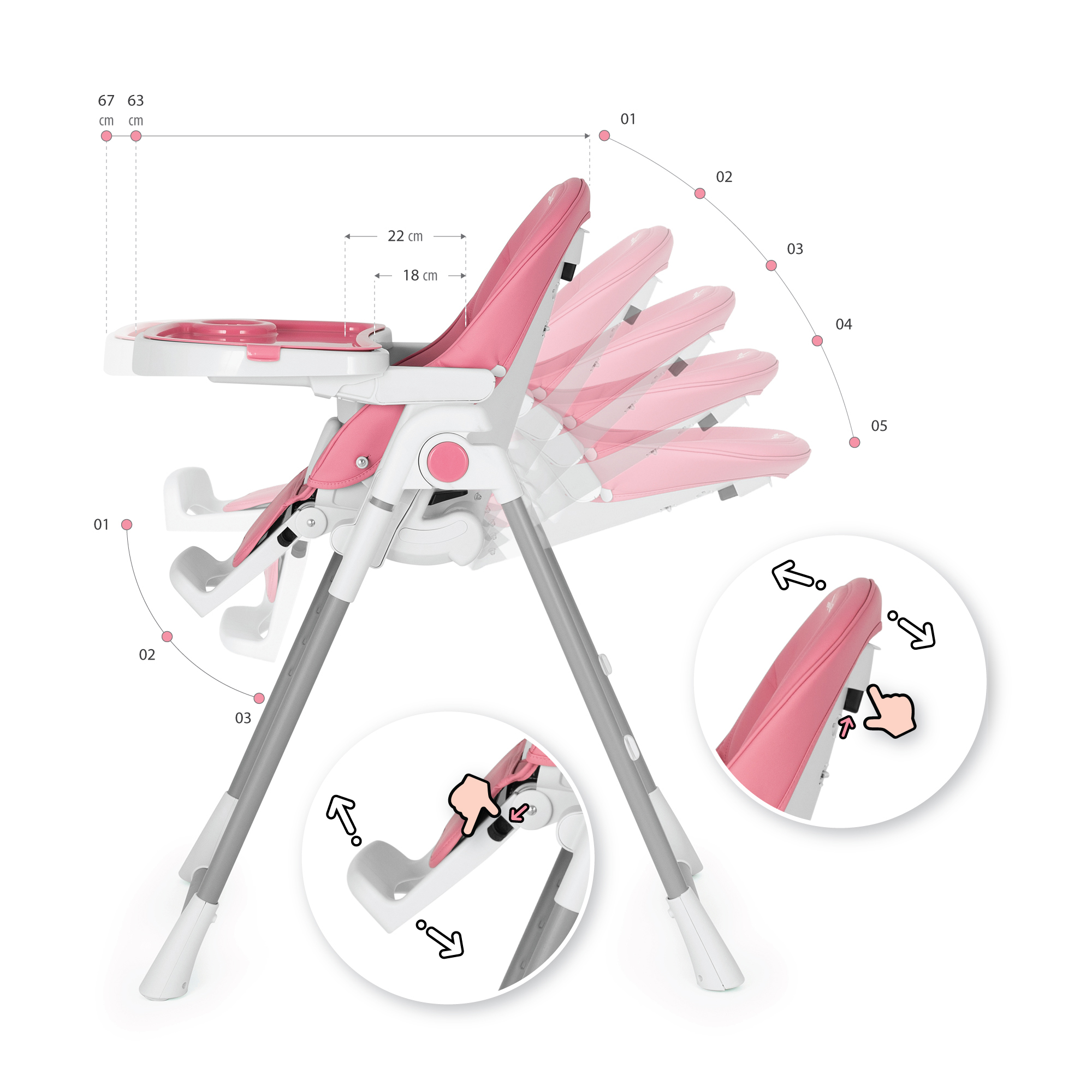 Kinderhochstuhl TANELI Babystuhl Verstellbar Klappbar inkl. Spielebogen Pink