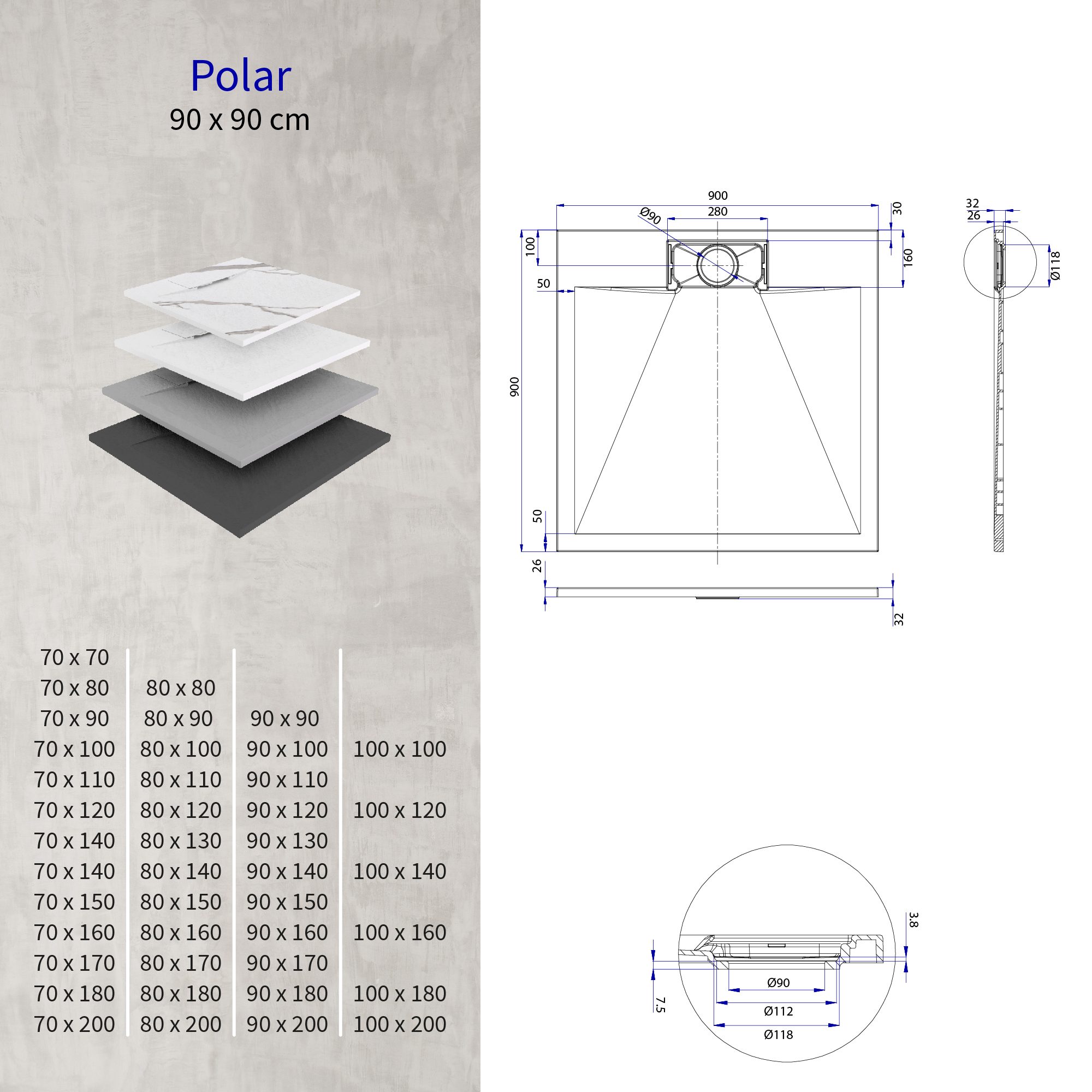 SMC Shower Tray Polar in Marble Look with Drain Assembly - White