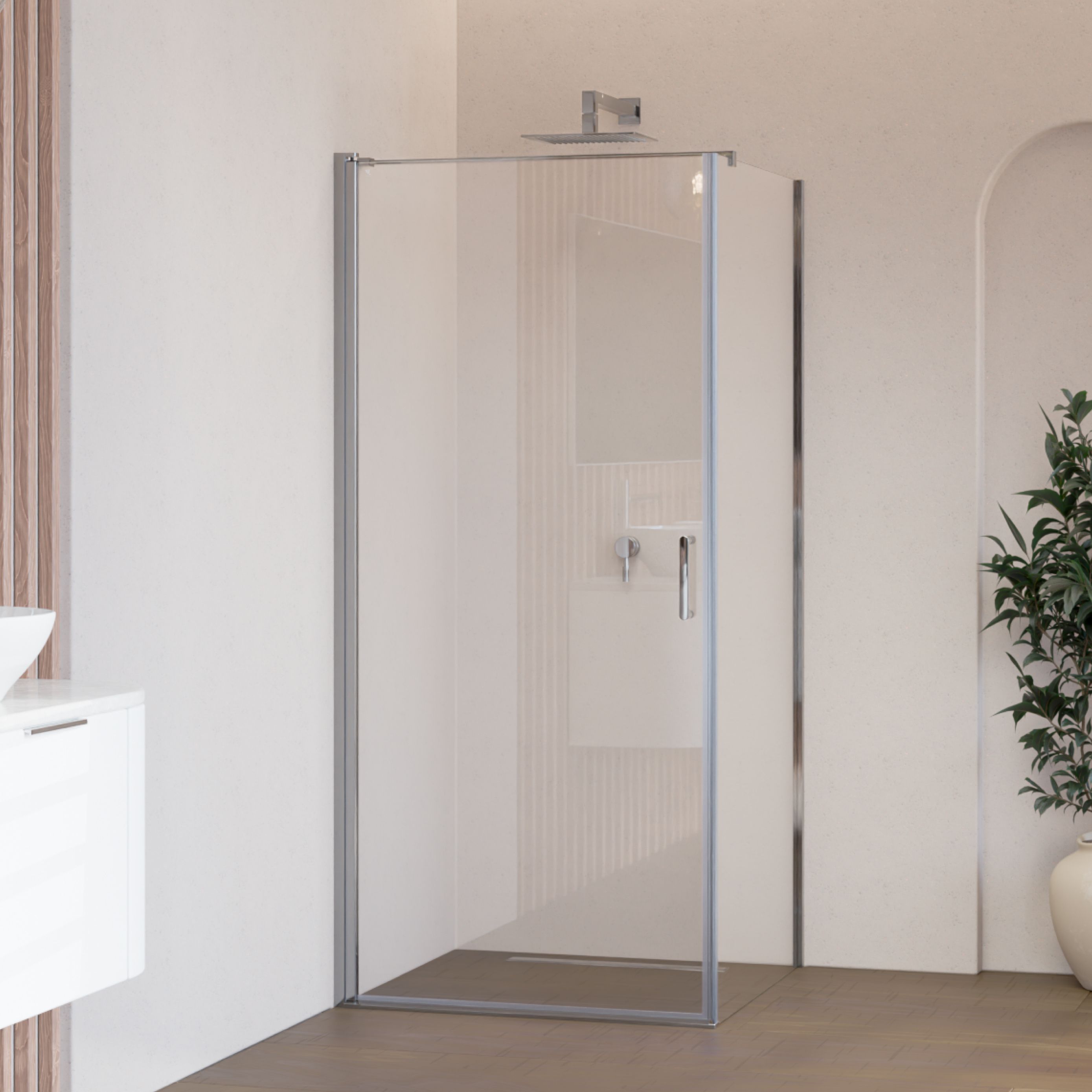 Front-entry Hellen with folding door made of ESG safety glass Front-entry Hellen with folding door made of ESG safety glass