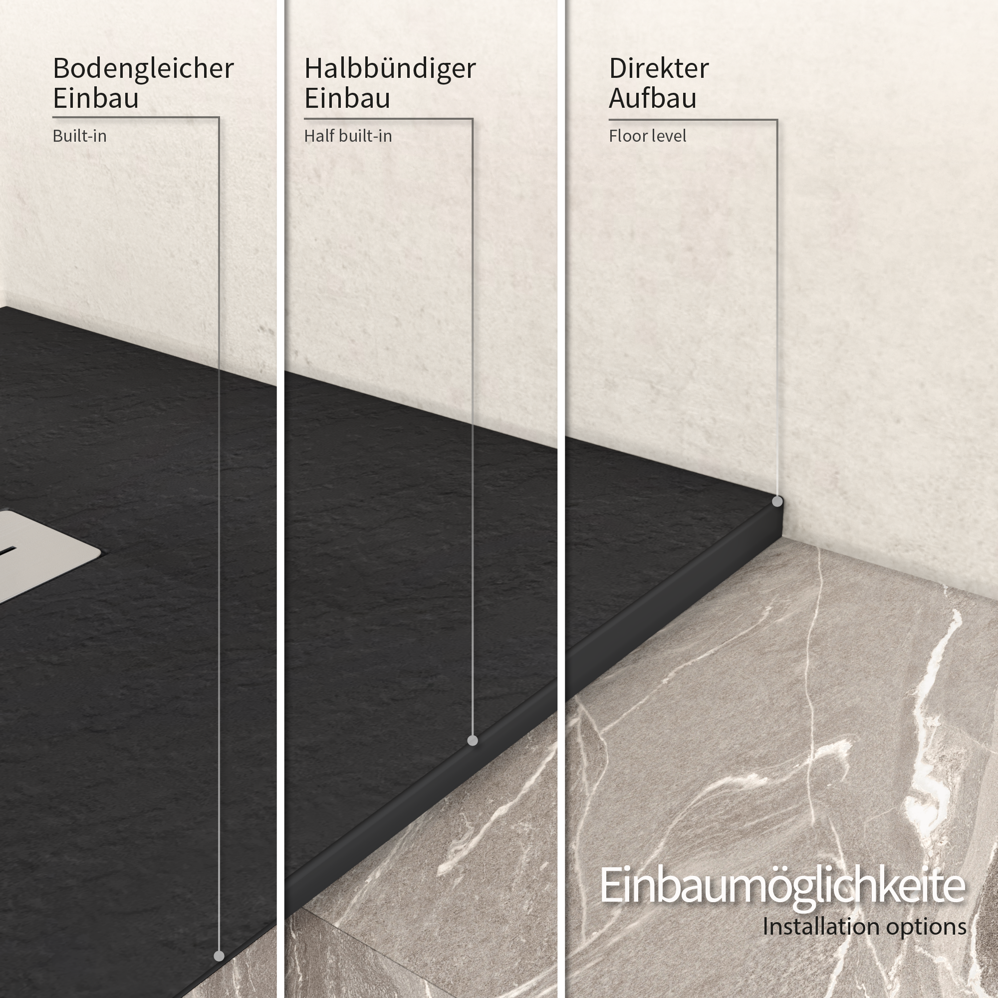Lumia – SMC Duschwanne in Schieferoptik inkl. Ablaufgarnitur Schwarz