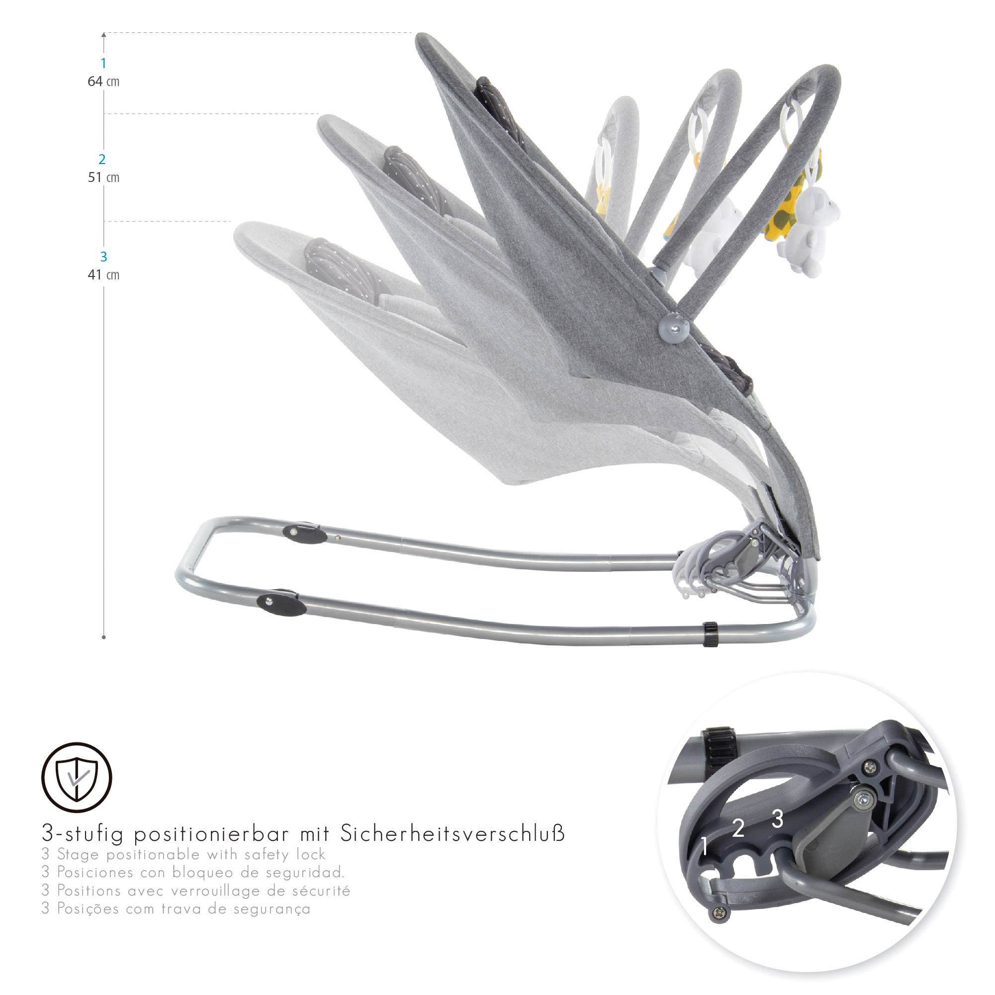 Babywippe VIENO mit abnehmbarem Bezug und Spielebogen Grau + Schwarz weiße Punkte