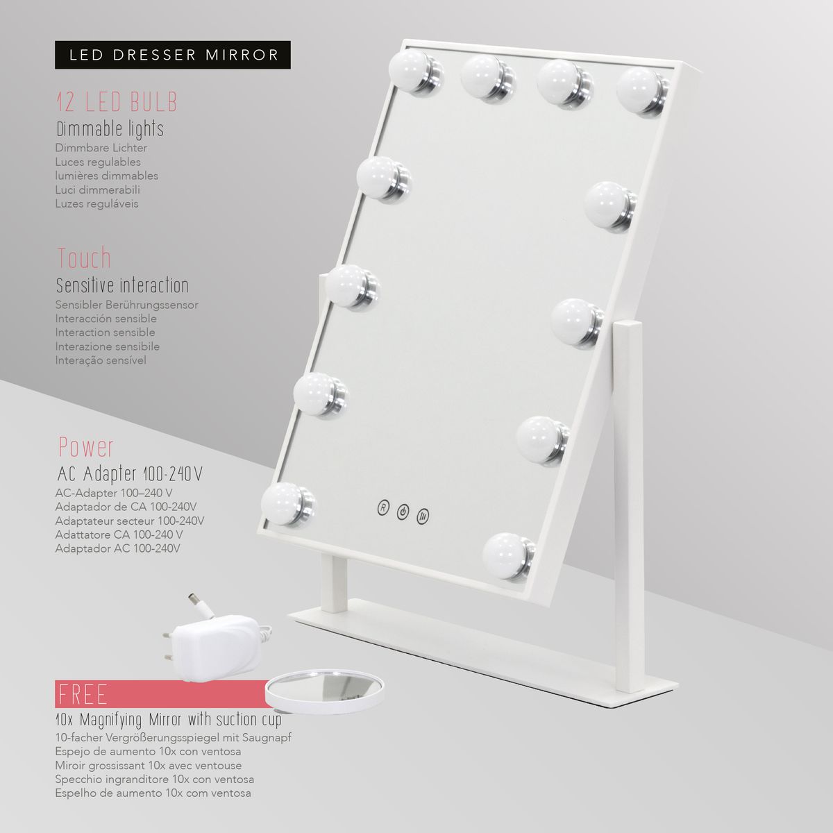 Schminkspiegel Bulb LITTLE mit 12 dimmbaren LED-Lampen Weiß