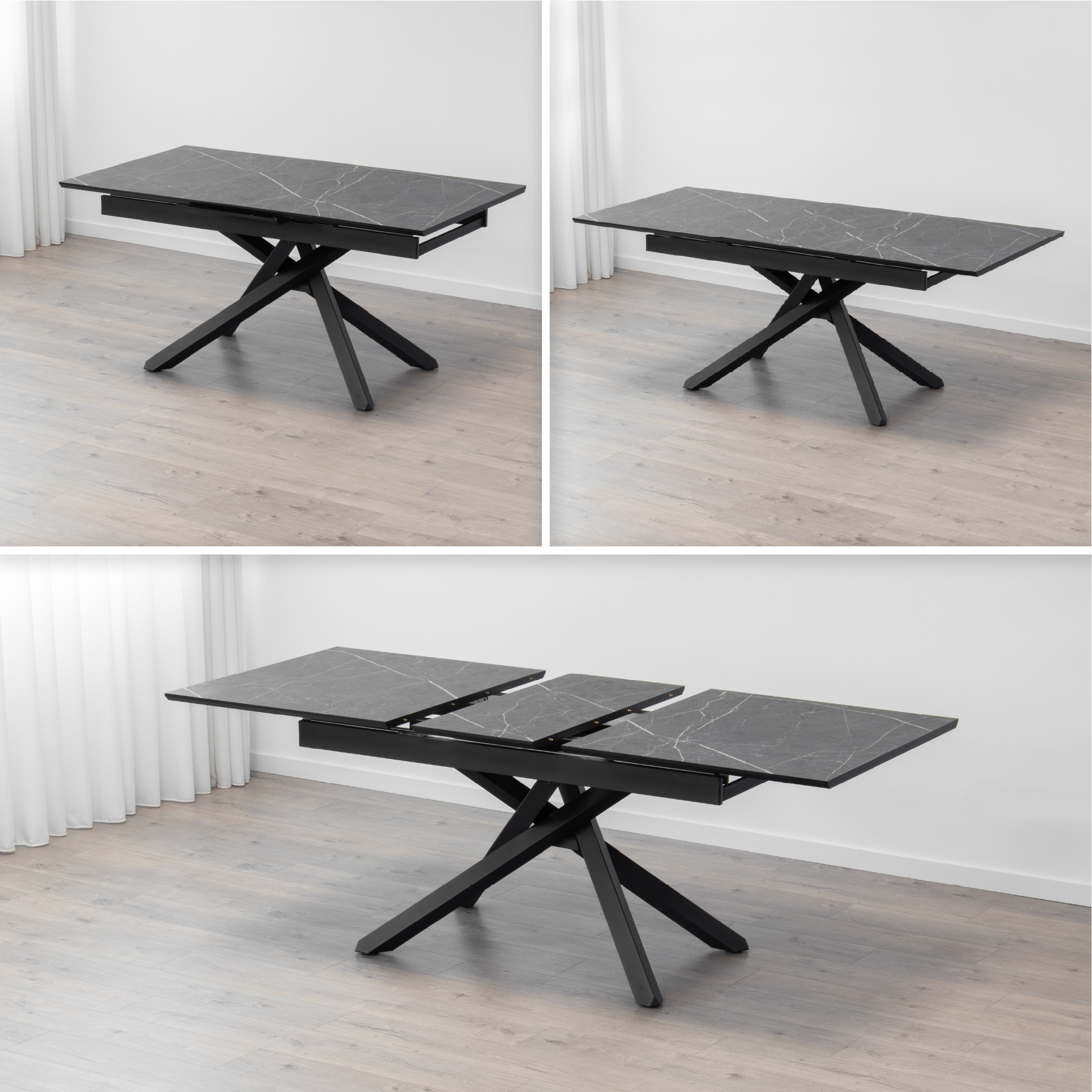 TAYLOR – Ausziehbarer Esstisch und Küchentisch mit 2,5 cm Melamin-Tischplatte in Marmoroptik und schwarzem Metallgestell