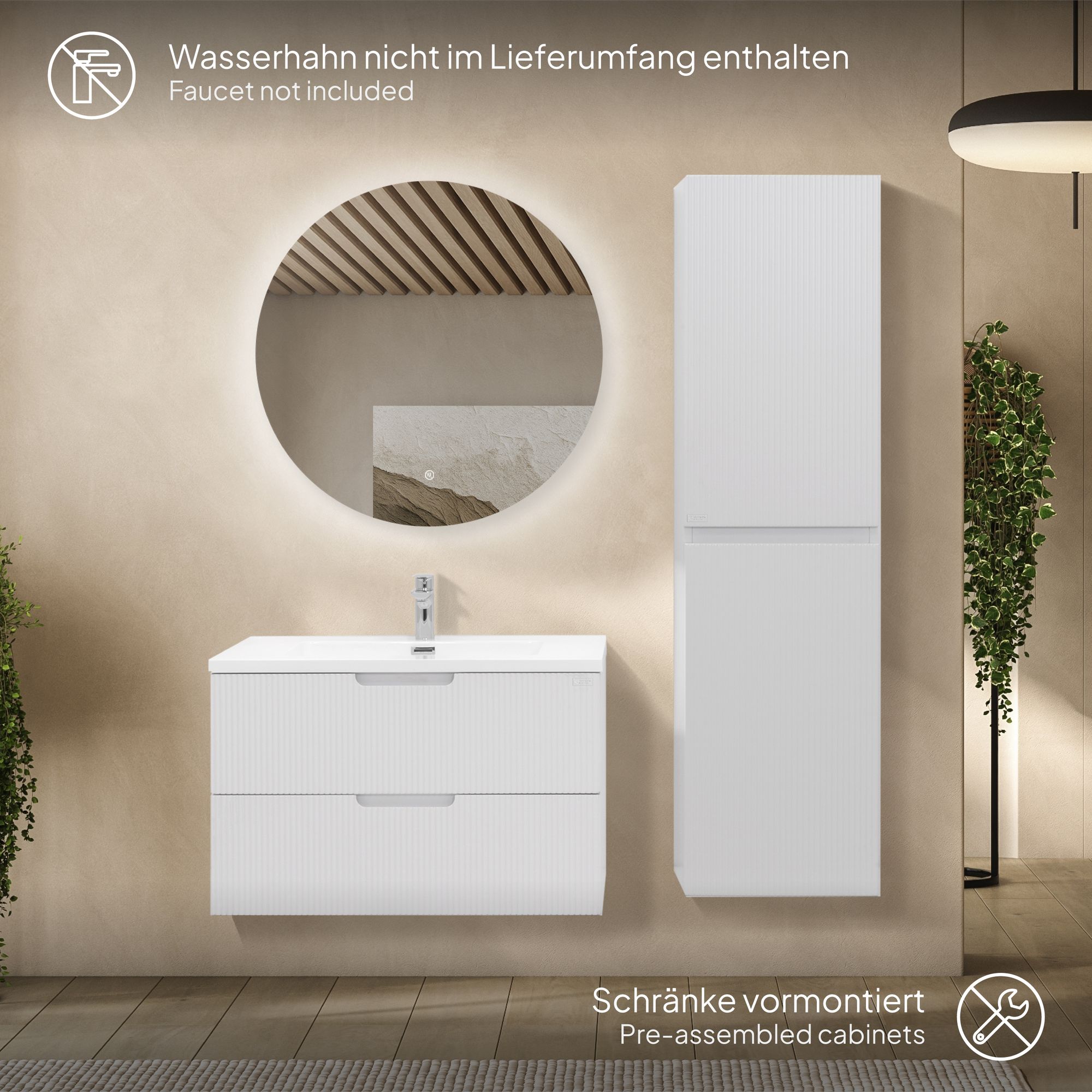 Badmöbelset Tália Modular – Weißer Resin-Waschtisch, Wandhängender Schrank, Rundspiegel & Seitenmodul (60/80/100 cm) 100 cm Badmöbelset Tália Modular – Weißer Resin-Waschtisch, Wandhängender Schrank, Rundspiegel & Seitenmodul (60/80/100 cm) 80 cm