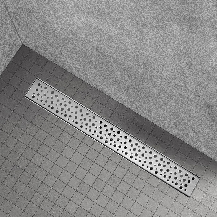 Duschrinne R5 aus Edelstahl für flache Installation mit Tropfenmuster Channel – Shower R5 in Stainless Steel for Flat Installation with Drop Pattern