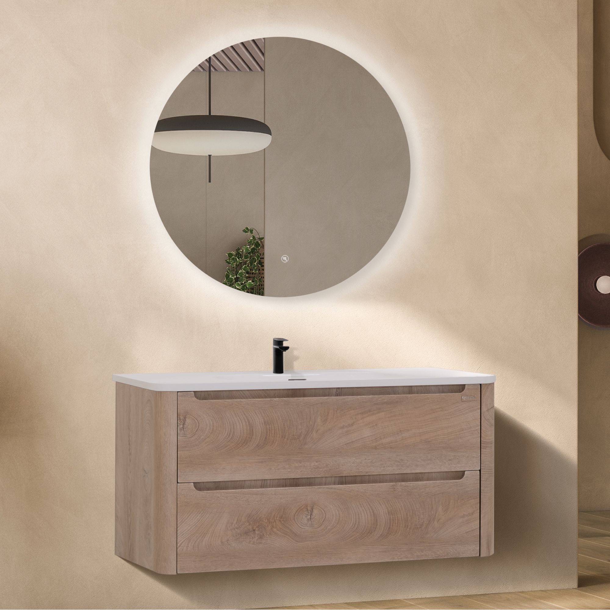 Badezimmermöbel Vesta – 100 cm Eiche hell, integriertes Waschbecken + LED-Spiegel Badezimmermöbel Vesta – 100 cm Eiche hell, integriertes Waschbecken + LED-Spiegel