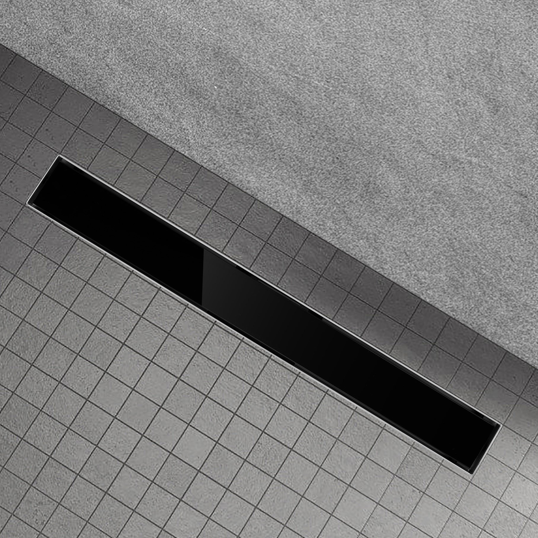 Duschrinne aus Edelstahl mit schwarzem Glas-Ablaufblende für flache Installation B2