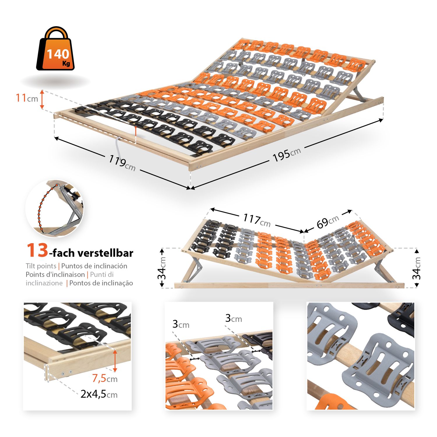 7-Zonen Tellerlattenrost TFlex50KF mit Kopf- und Fußverstellung 120x200 cm