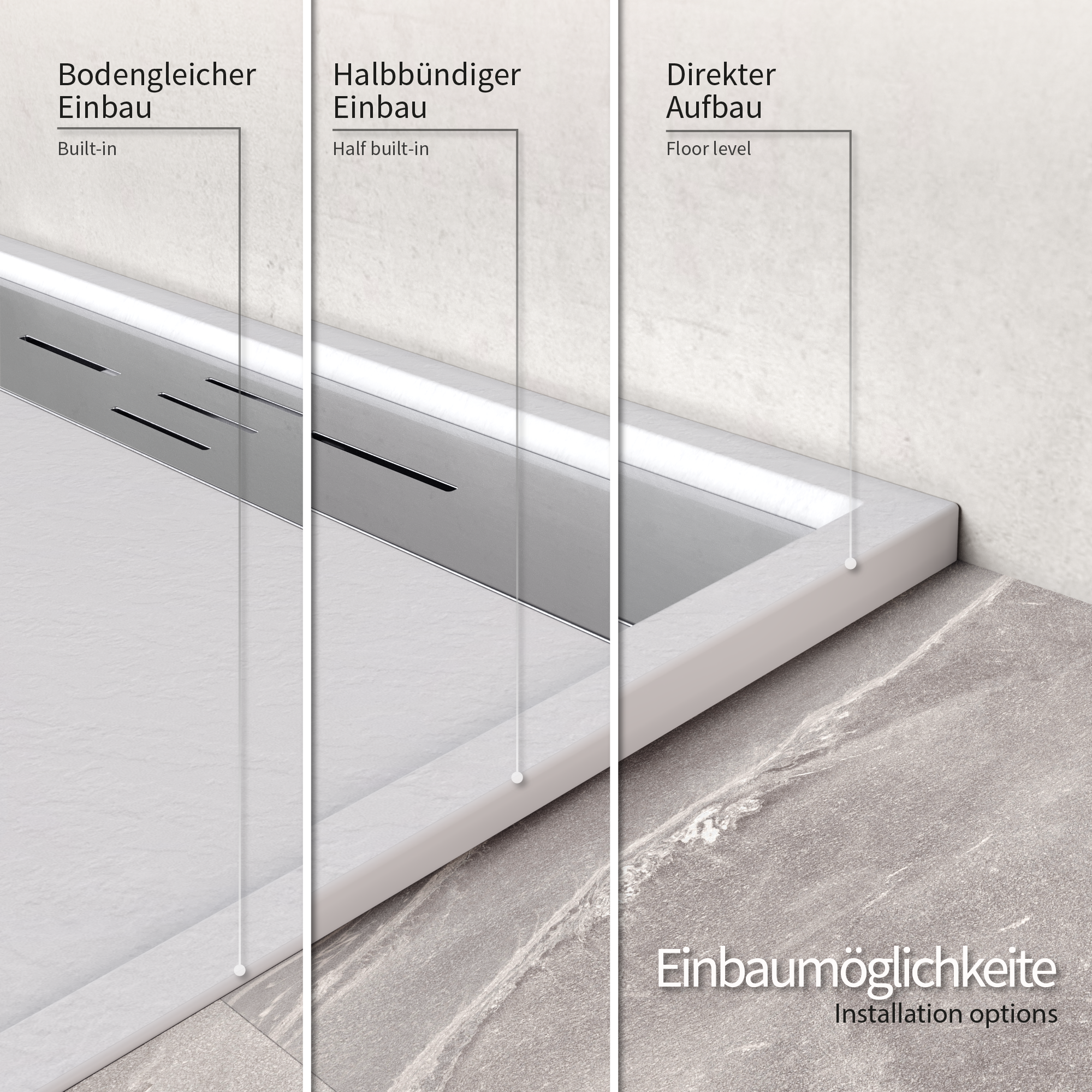 05-Install-DE.png SMC Shower Tray Hiemal in Slate Finish, including White Drain Assembly with Stainless Steel Cover