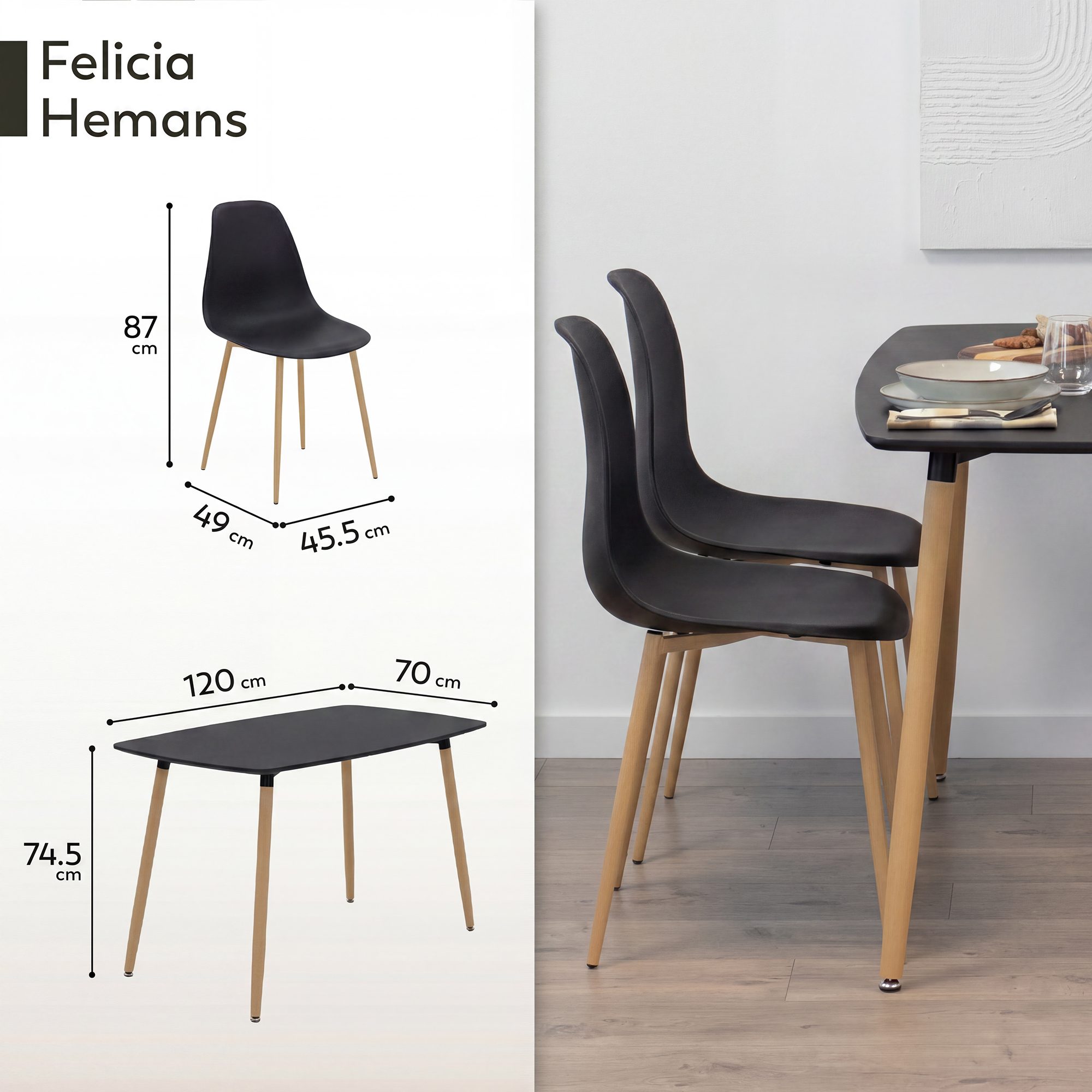 Set Tisch Felicia + 4 Stühle Hemans Schwarz