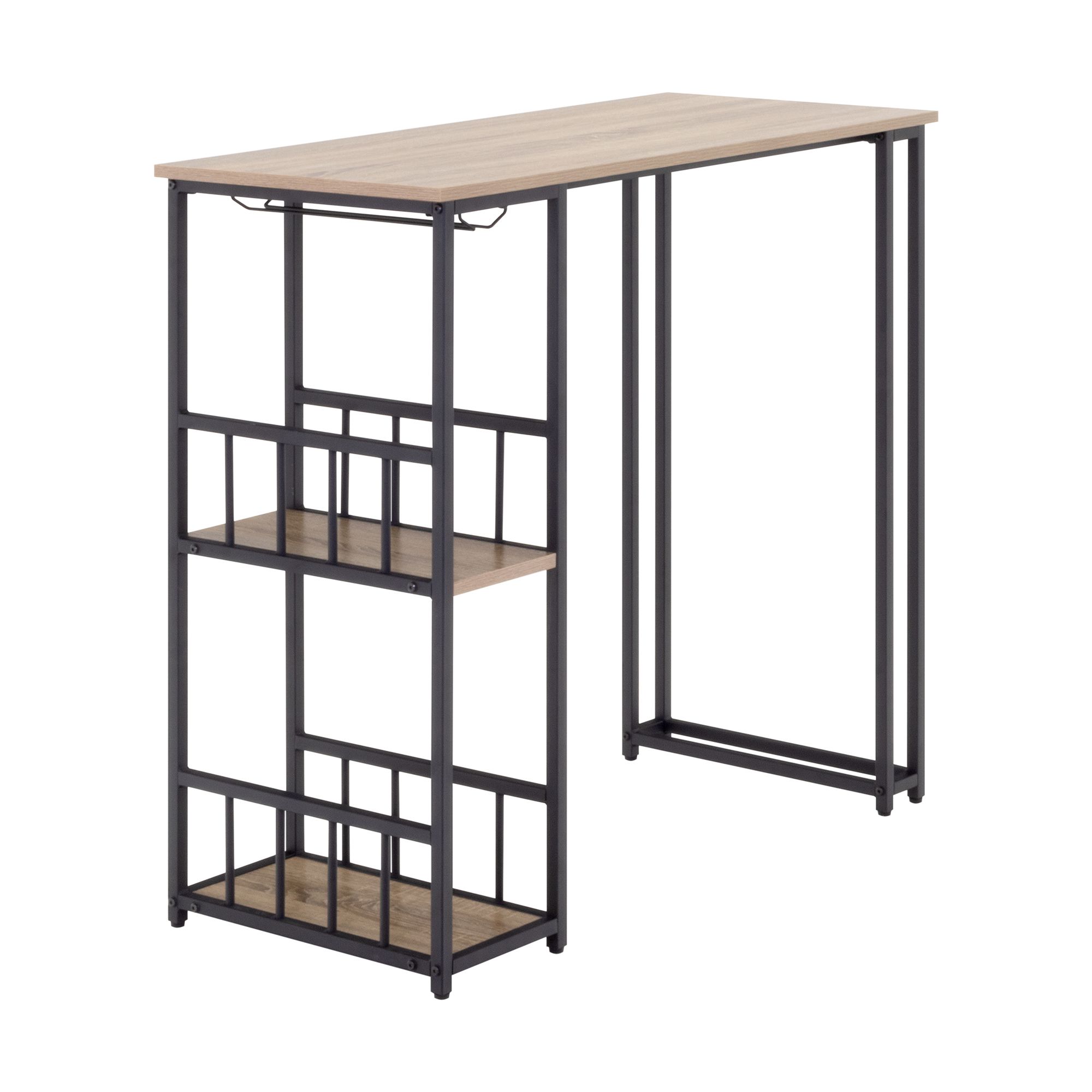 i-flair Stehtisch Bartisch Gavin – Stehtisch mit Stahlrahmen und 2 Ablageflächen & Glashalter Eiche