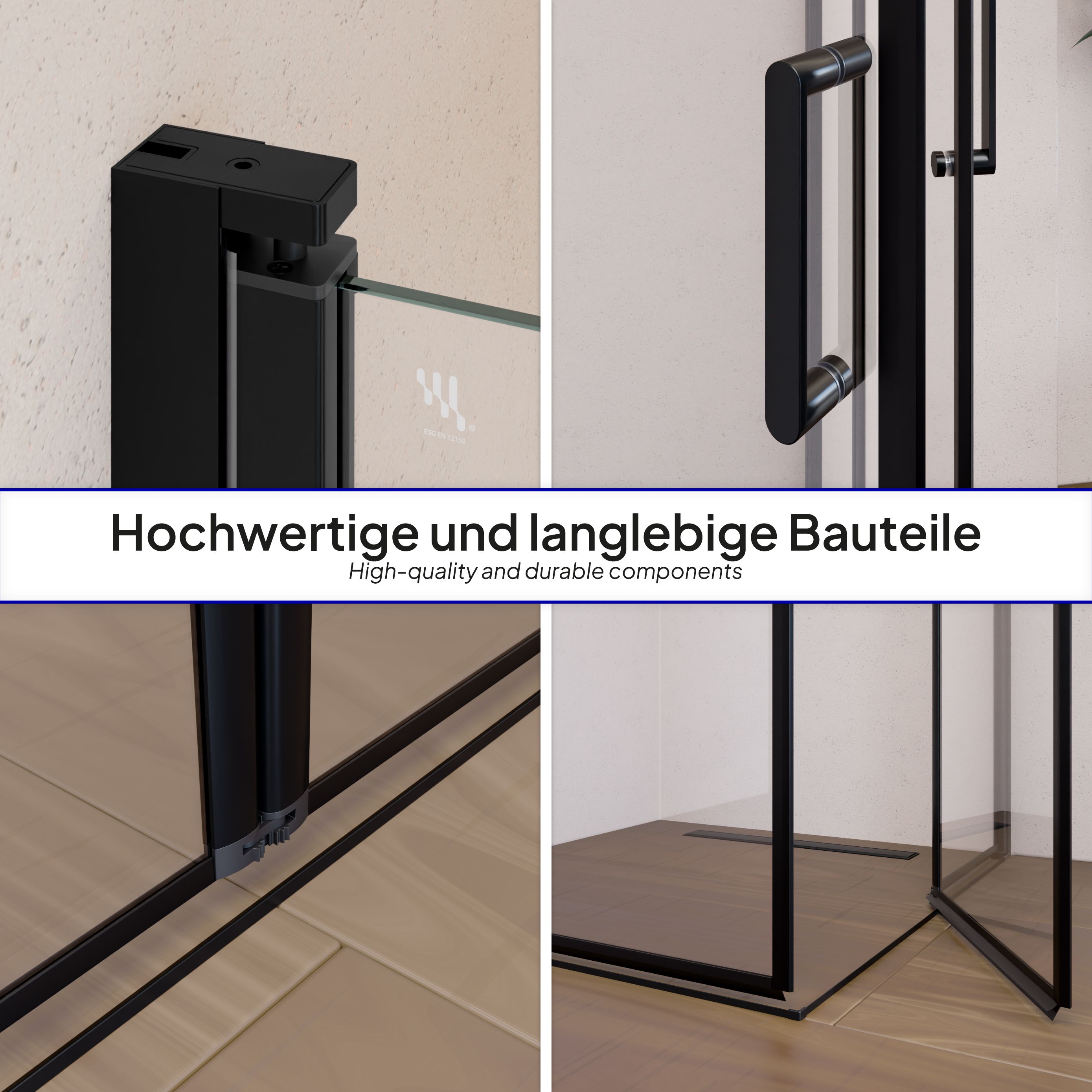 Corner entry Alina with folding doors and black profiles made of ESG safety glass. Alina – Corner entry with folding doors and black profiles made of ESG safety glass.