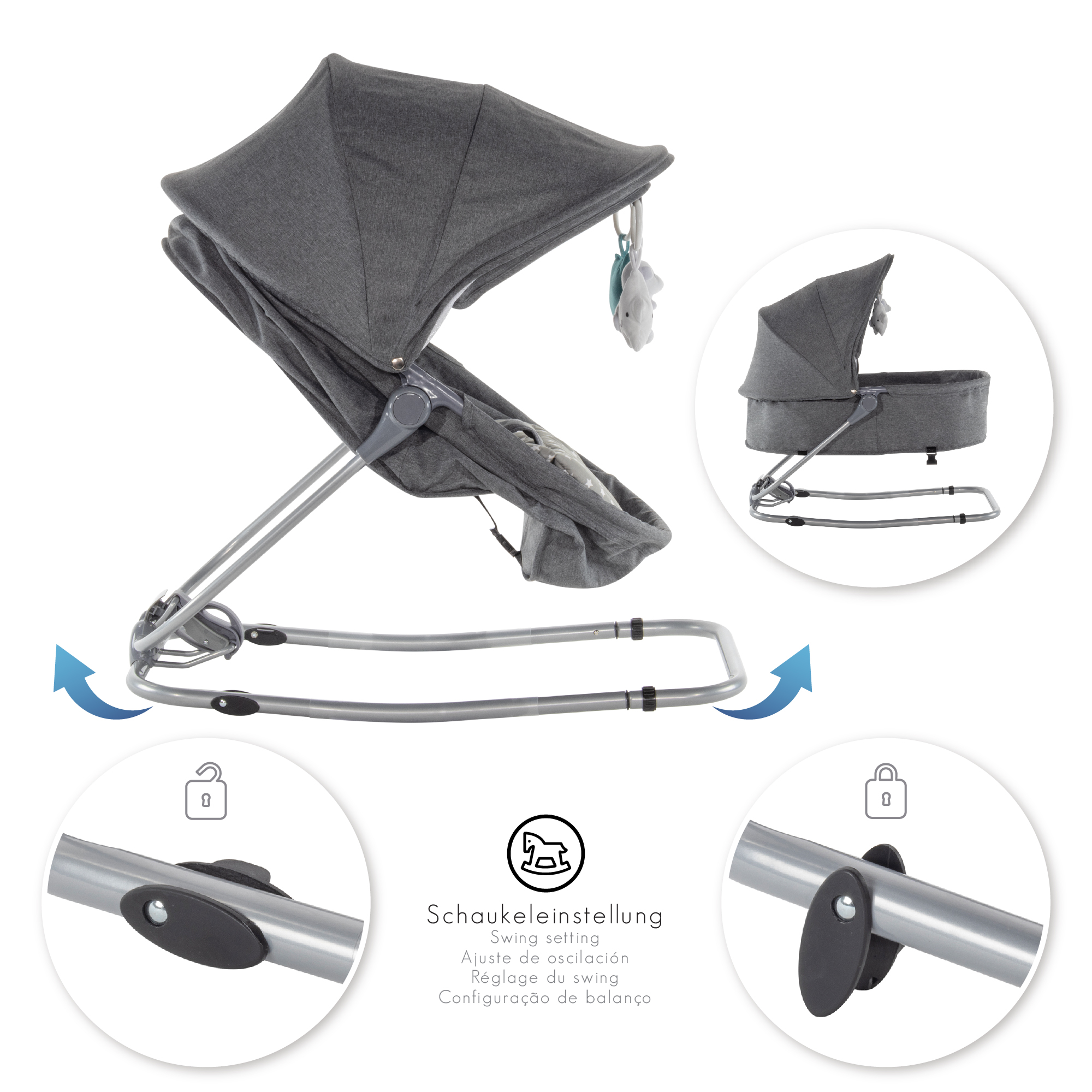 Babywippe PAVO mit Wiegenfunktion und Spielebogen