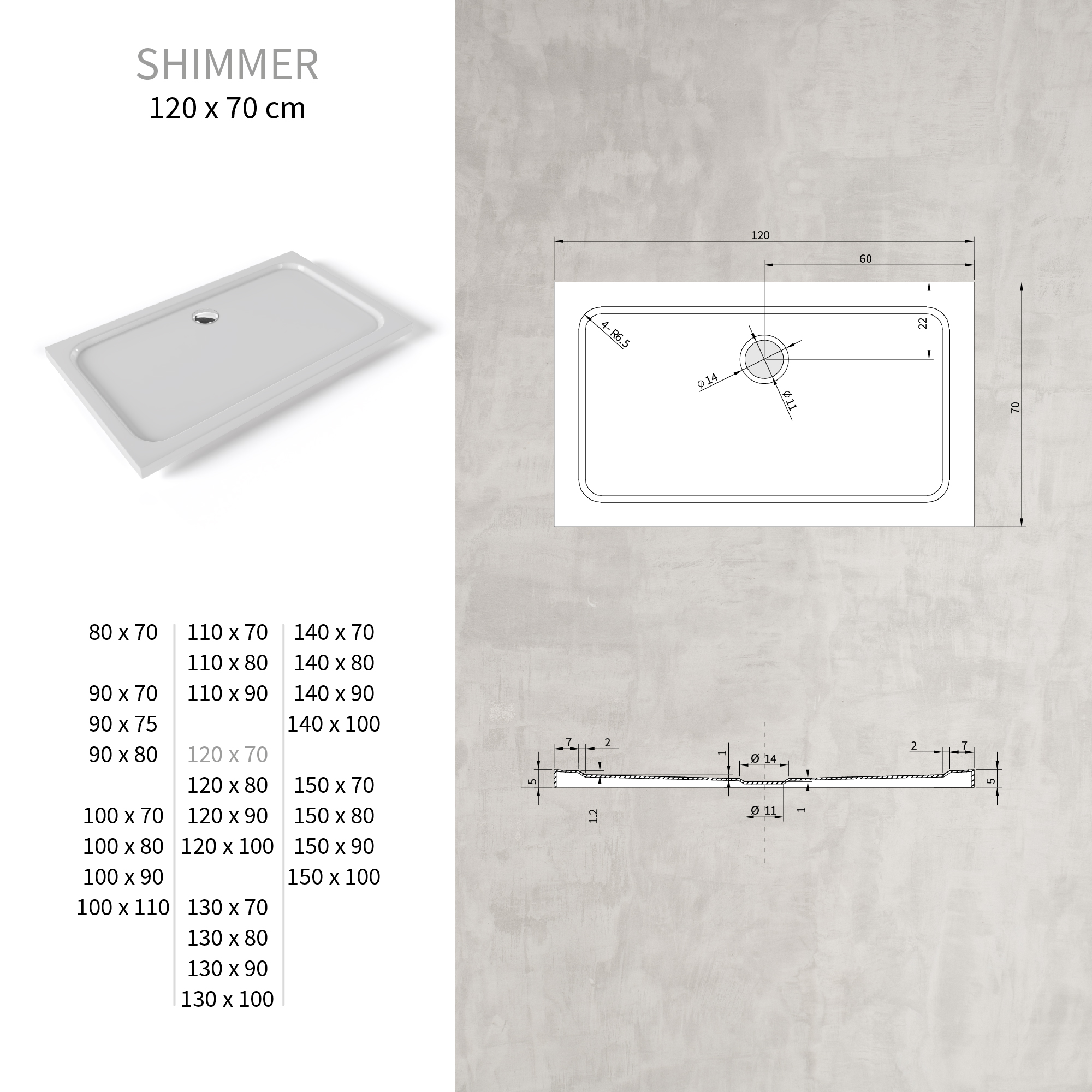 Tray – Shower Shimmer made of sanitary acrylic including waste fitting - White