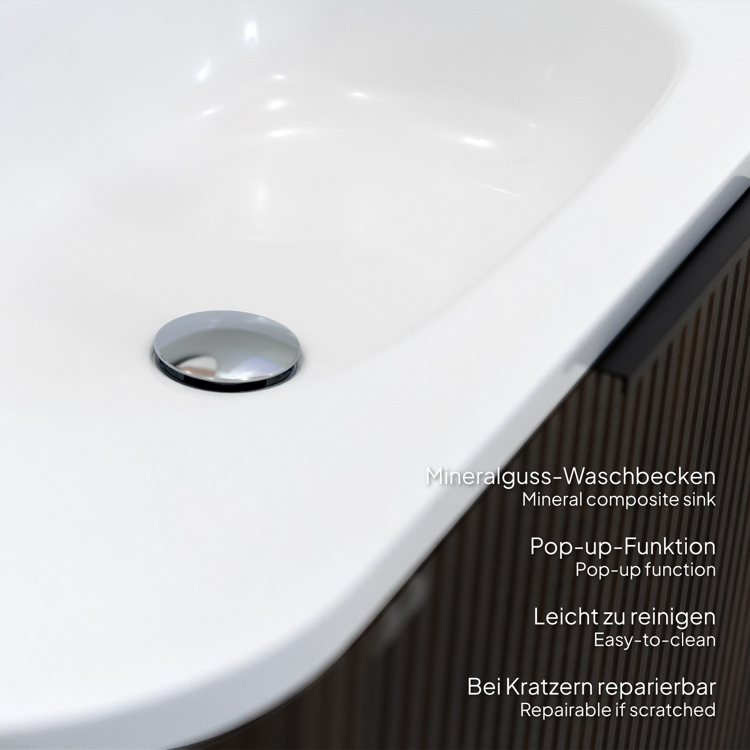 Badmöbel-Set Maia Plus, wandhängend, mit lamellenförmigem Nussbaumdekor, Mineralguss-Waschtisch und LED-Spiegel mit Antibeschlag Badmöbel-Set Maia Plus, wandhängend, mit lamellenförmigem Nussbaumdekor, Mineralguss-Waschtisch und LED-Spiegel mit Antibeschlag