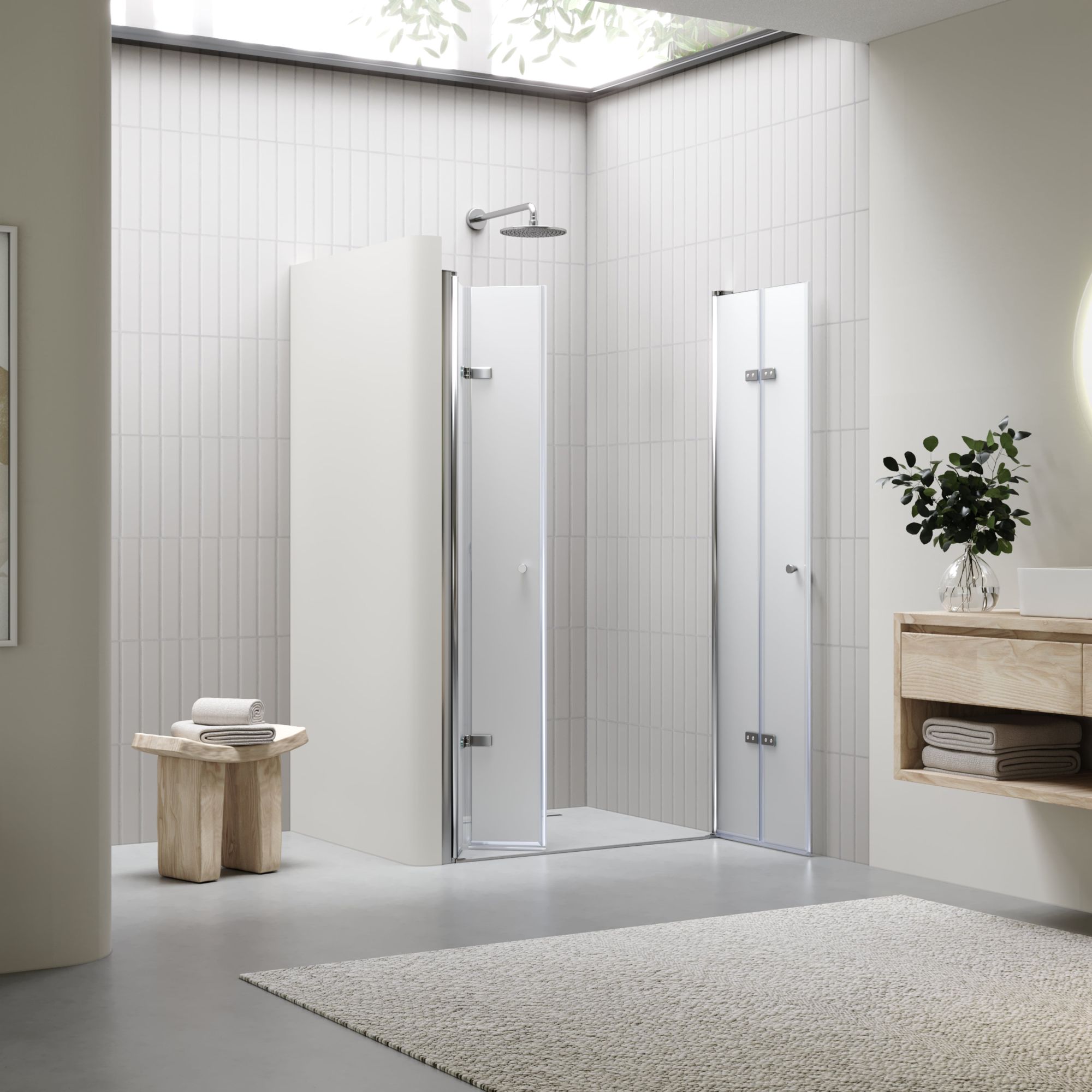 Duschtür Lena mit Falttüren aus satiniertem ESG Sicherheitsglas Duschtür Lena mit Falttüren aus satiniertem ESG Sicherheitsglas