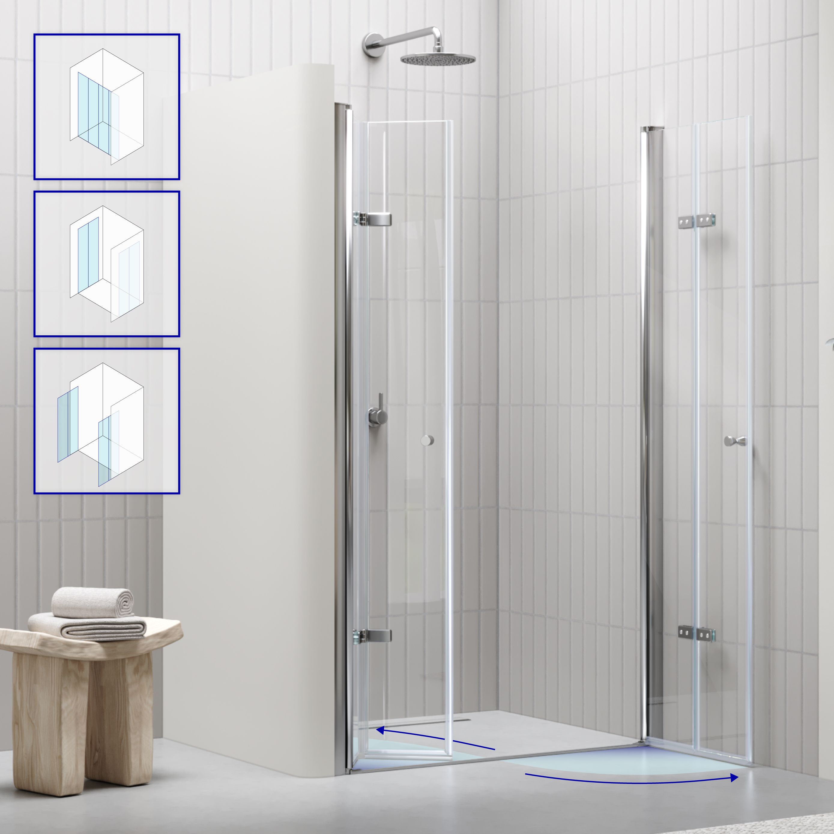 Shower Door Lena with Folding Doors Made of Clear Tempered Safety Glass Lena – Duschtür mit Falttüren aus klarem ESG Sicherheitsglas