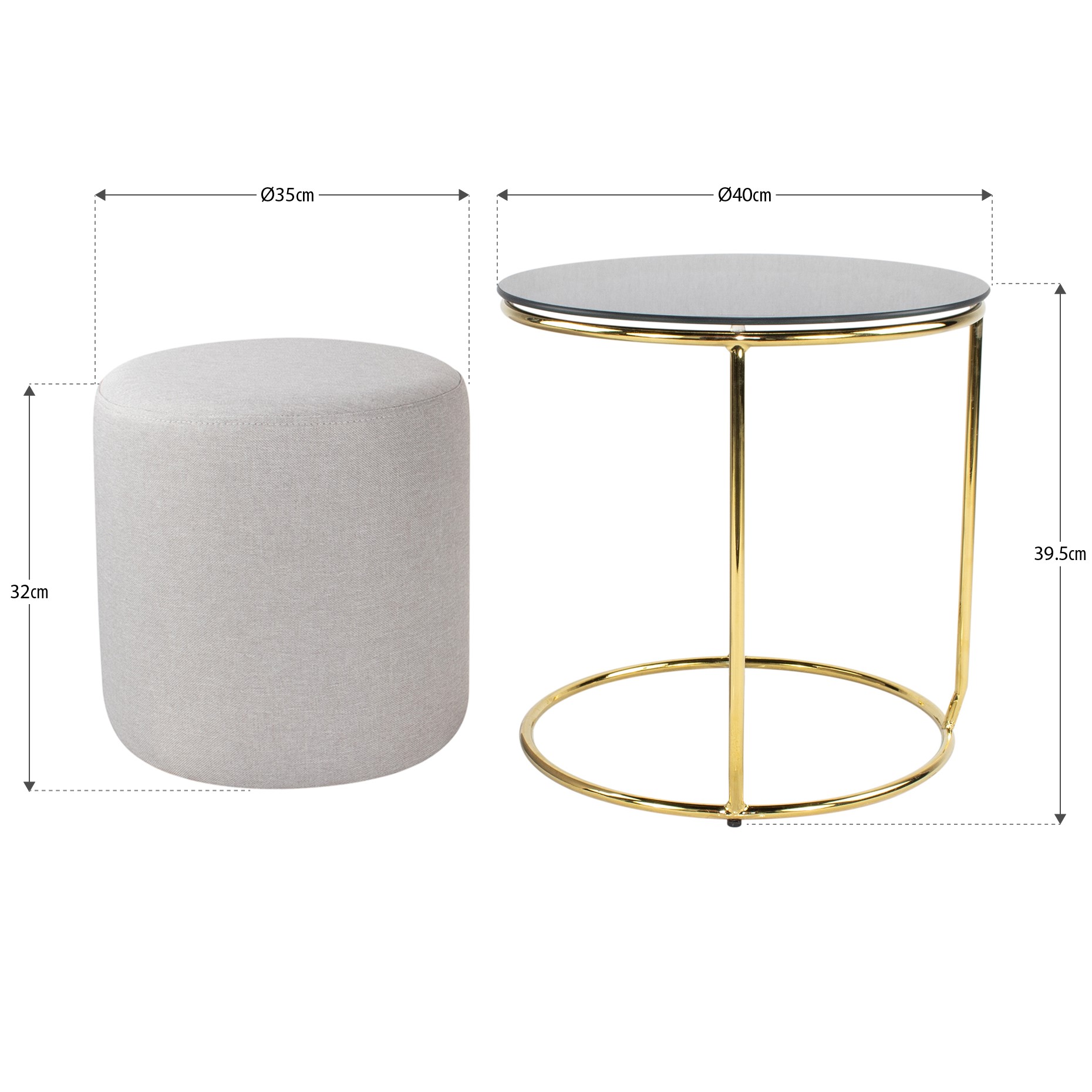 Beistelltisch mit Hocker JASPER runder Couchtisch 40x40 cm Gold-Grau N8